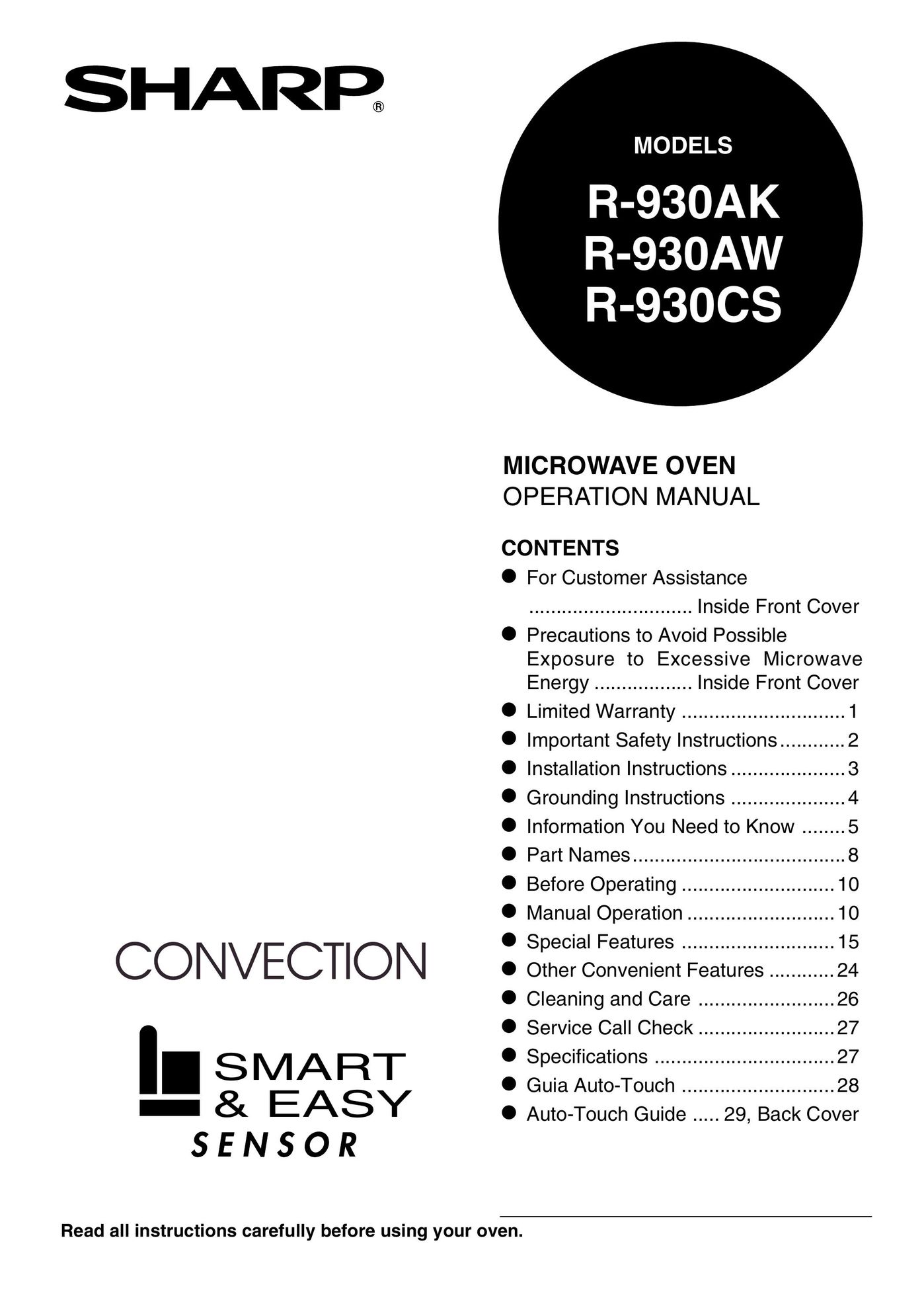 Sharp R-930AK Convection Oven User Manual