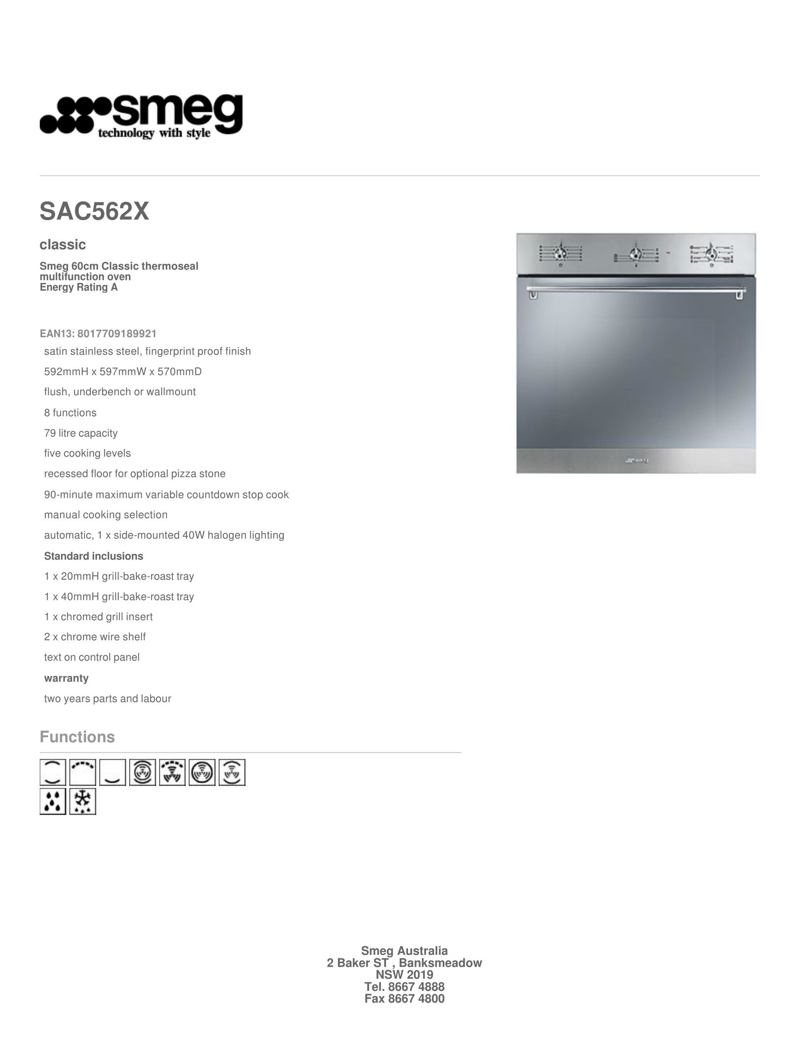 Smeg SAC562X Convection Oven User Manual