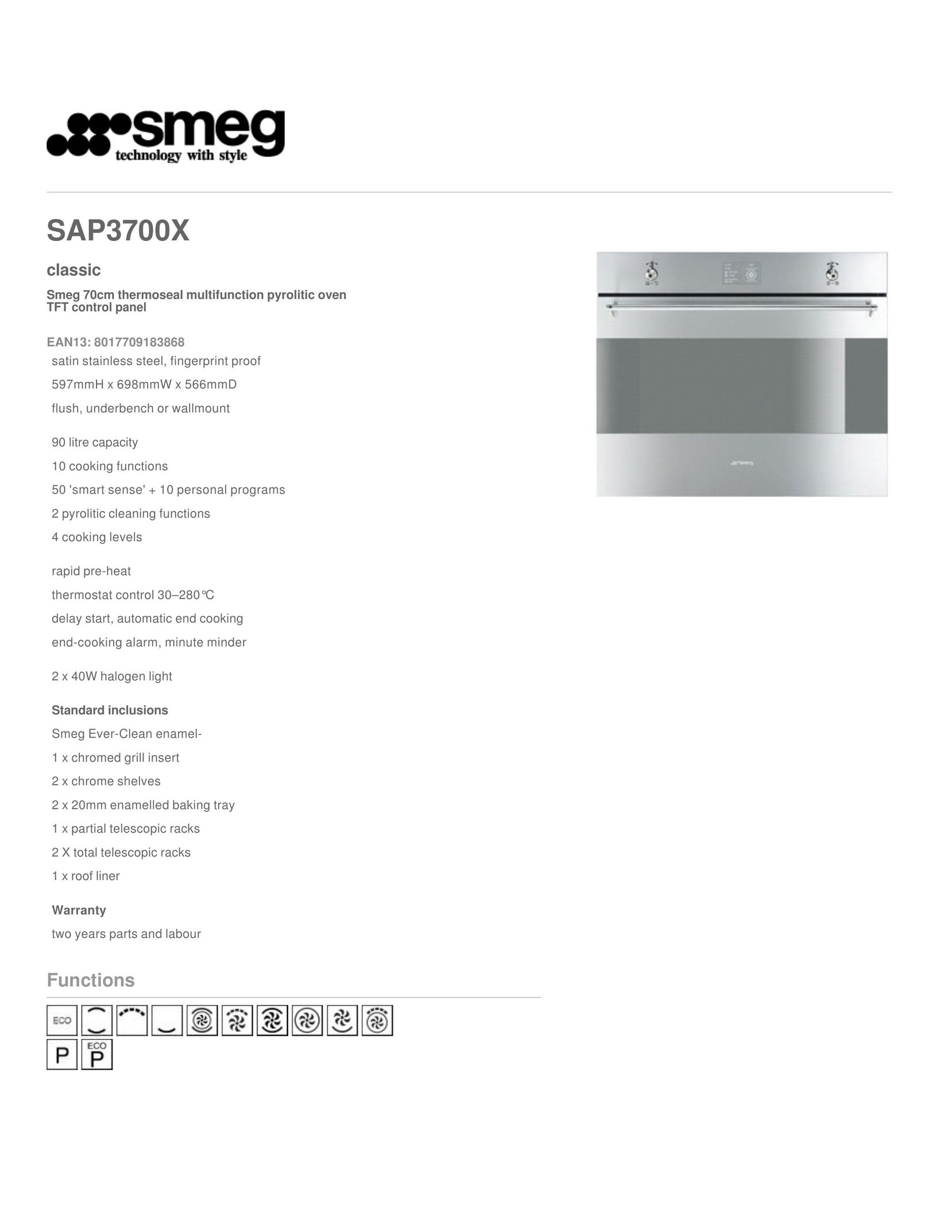 Smeg SAP3700X Convection Oven User Manual