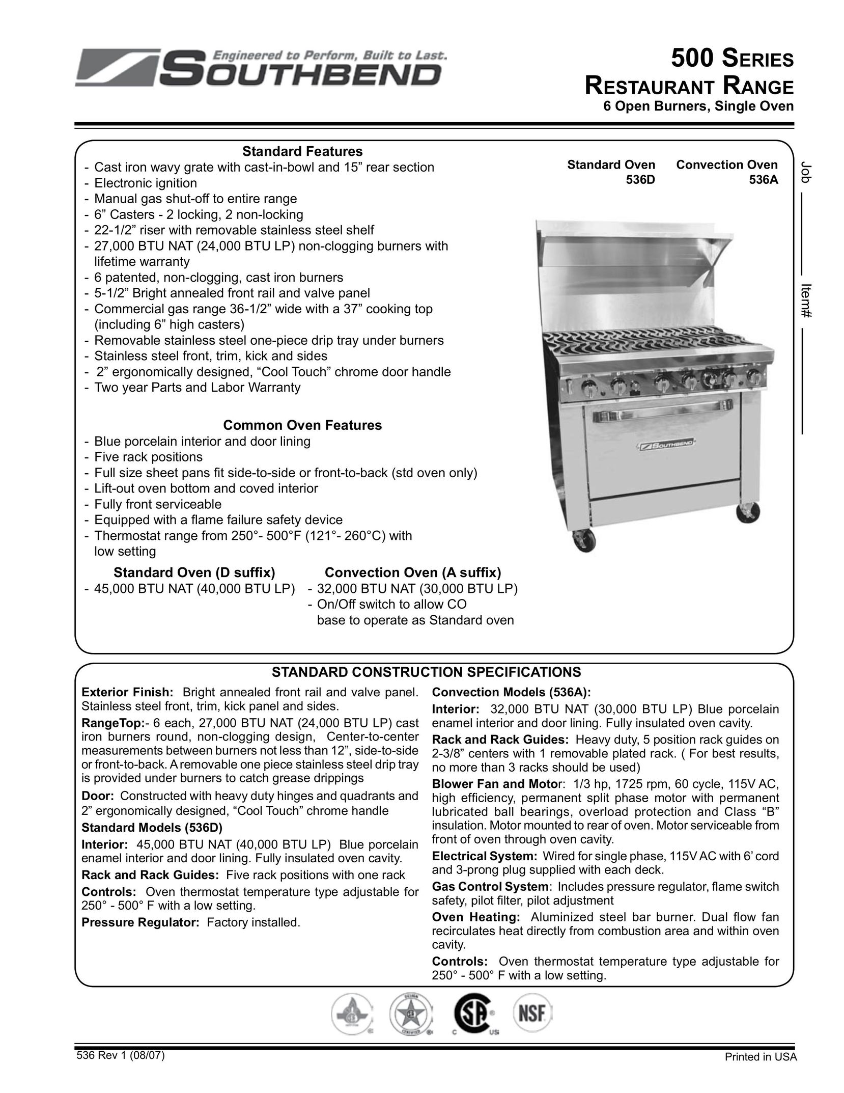 Southbend 536A Convection Oven User Manual