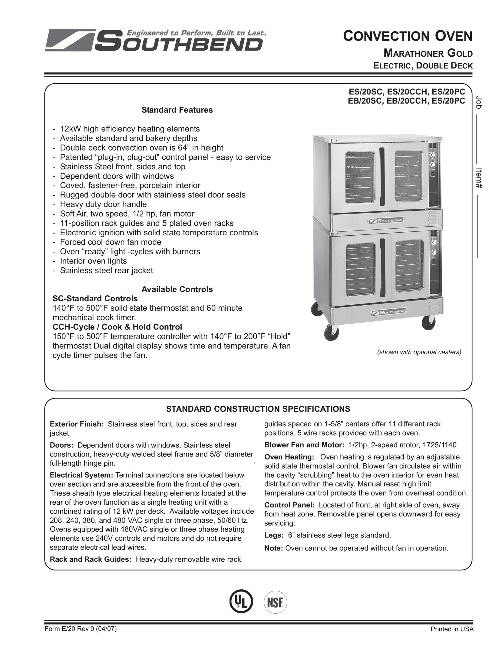 Southbend ES/20PC, EB/20SC Convection Oven User Manual
