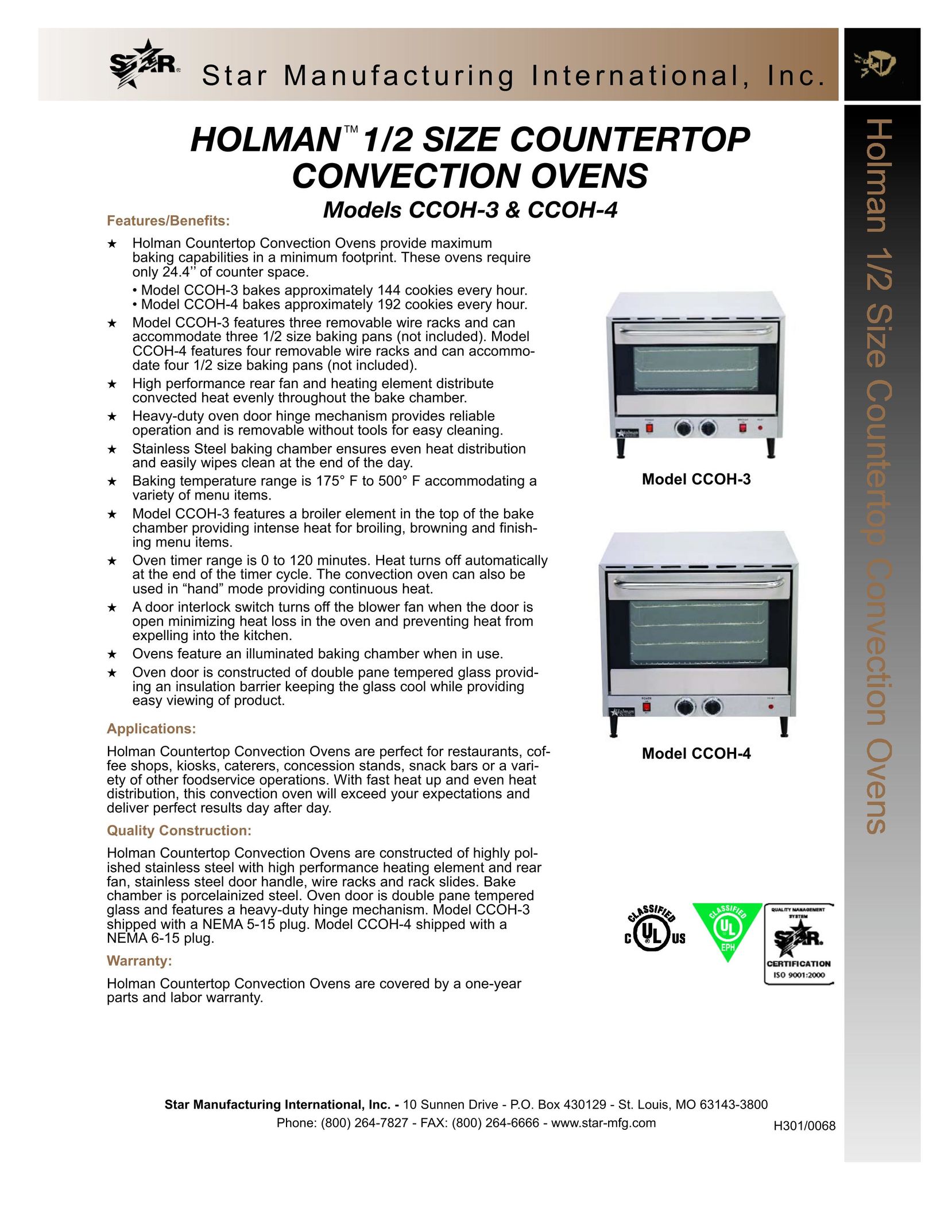 Star Manufacturing CCOH-4 Convection Oven User Manual