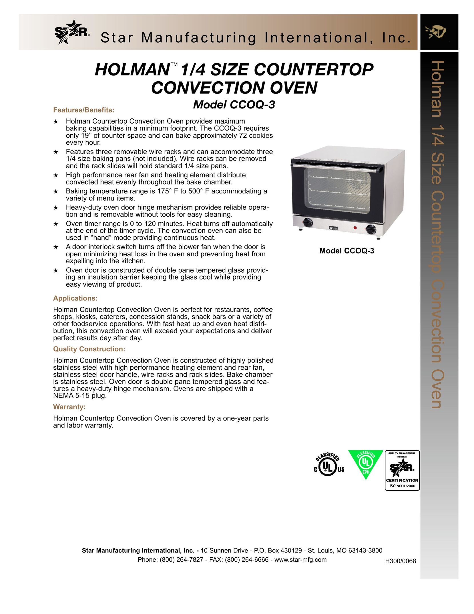 Star Manufacturing CCOQ-3 Convection Oven User Manual