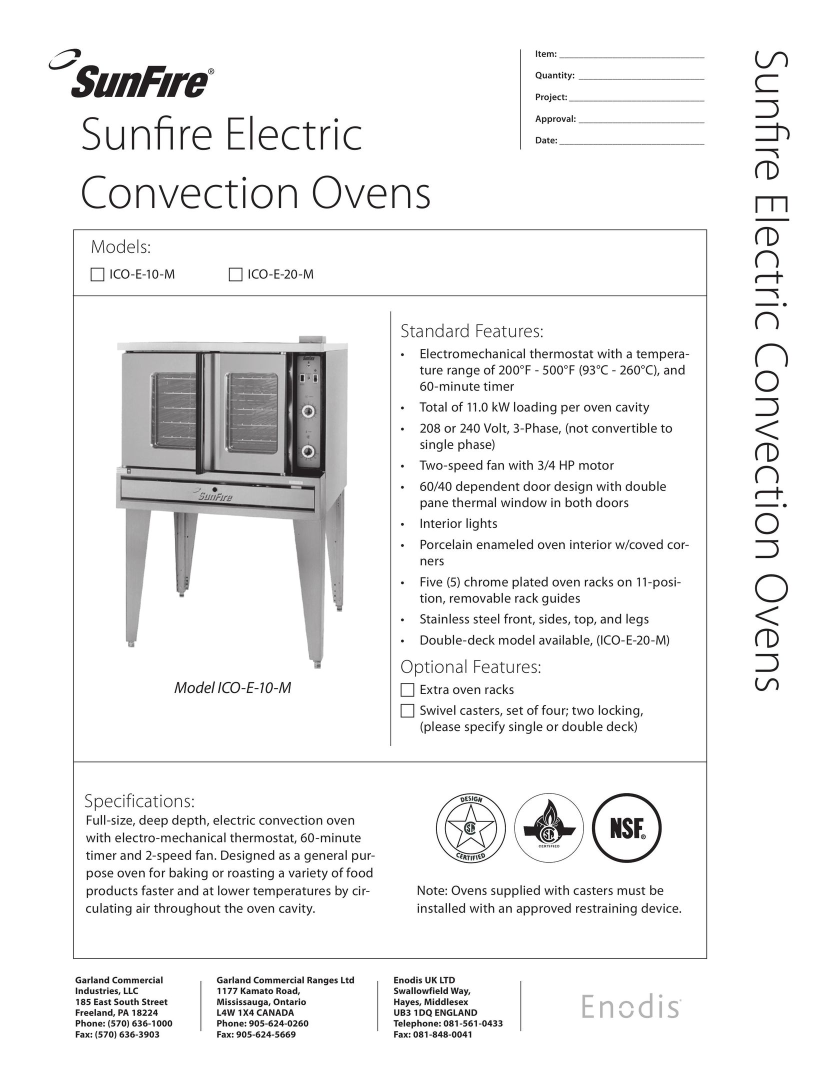 Sunfire ICO-E-20-M Convection Oven User Manual