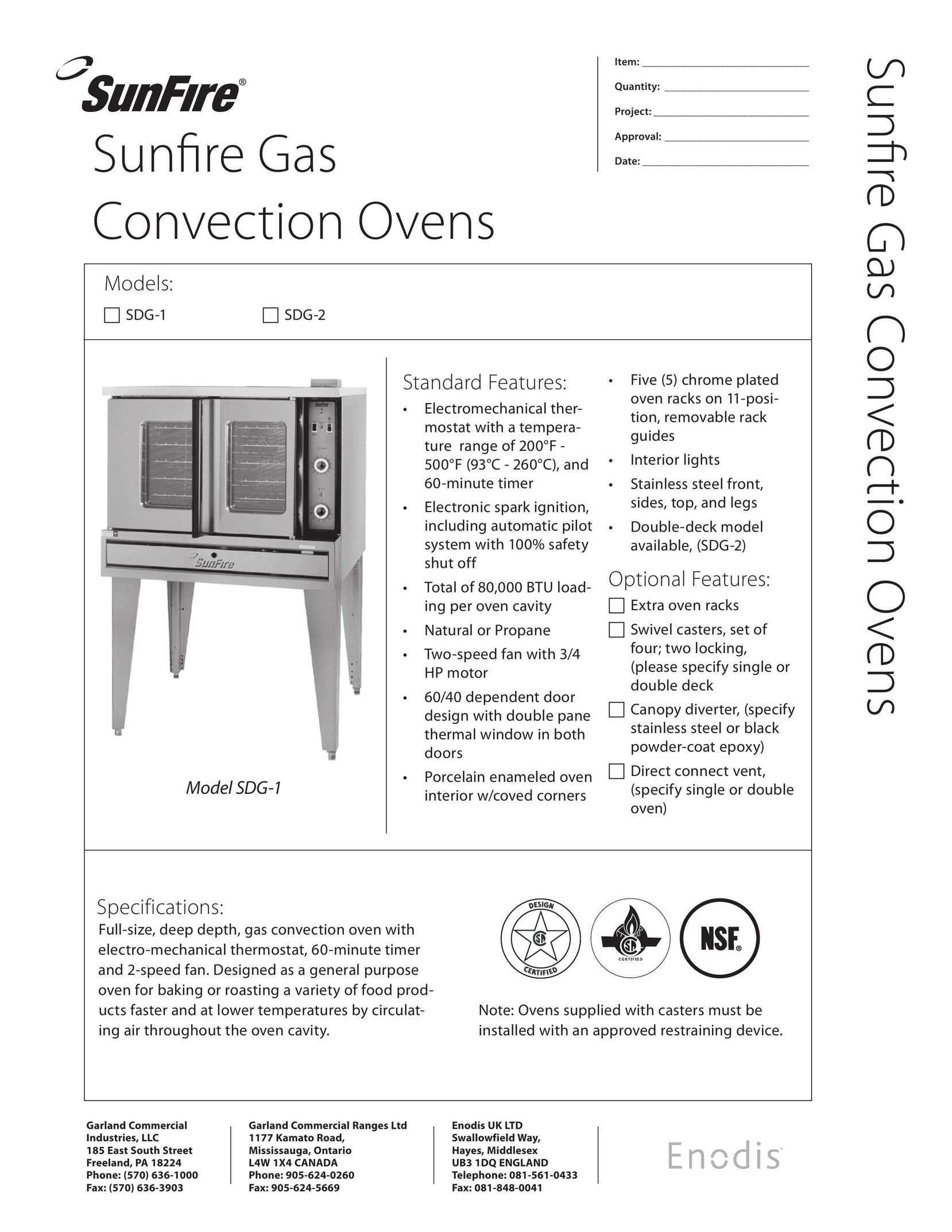 Sunfire SDG-1 Convection Oven User Manual