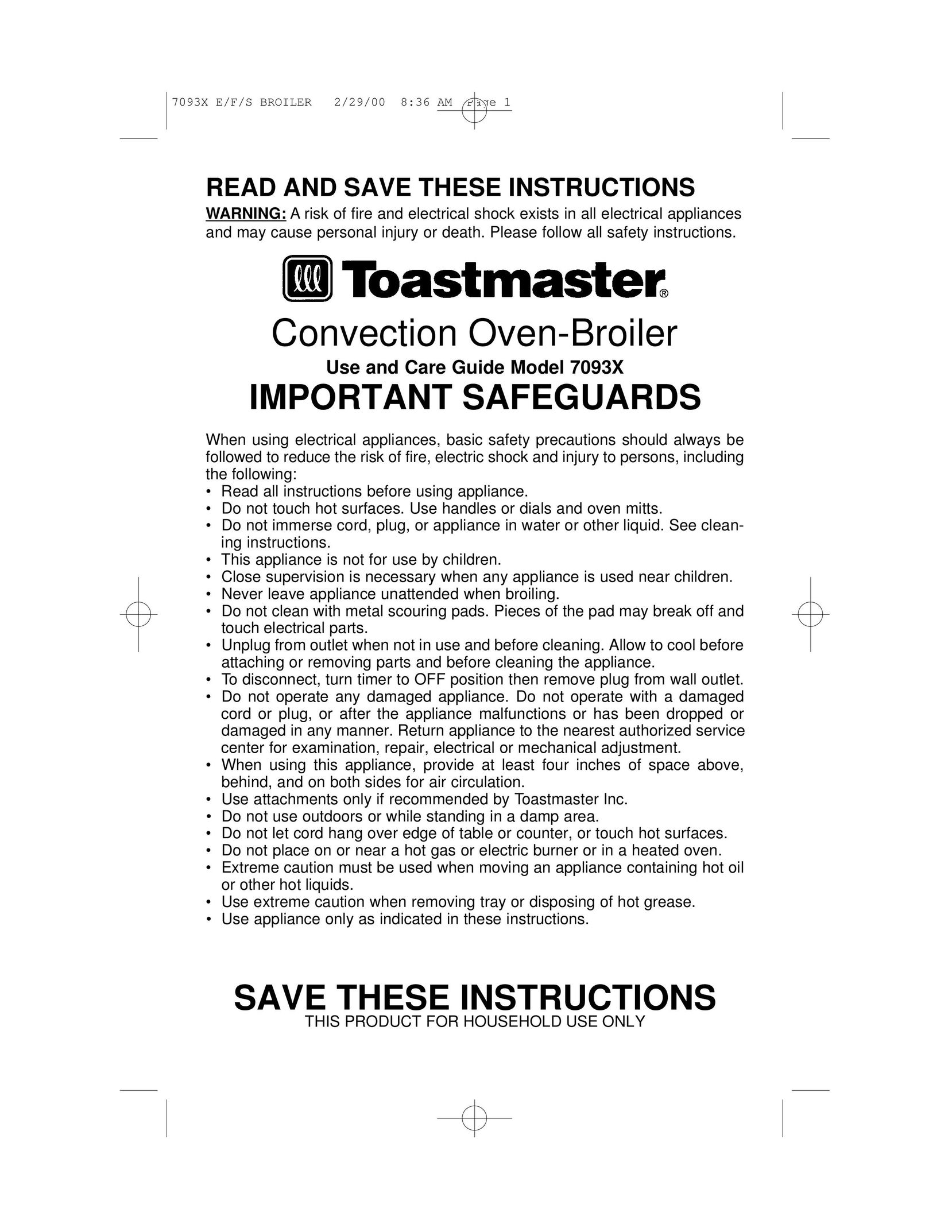 Toastmaster 7093X Convection Oven User Manual
