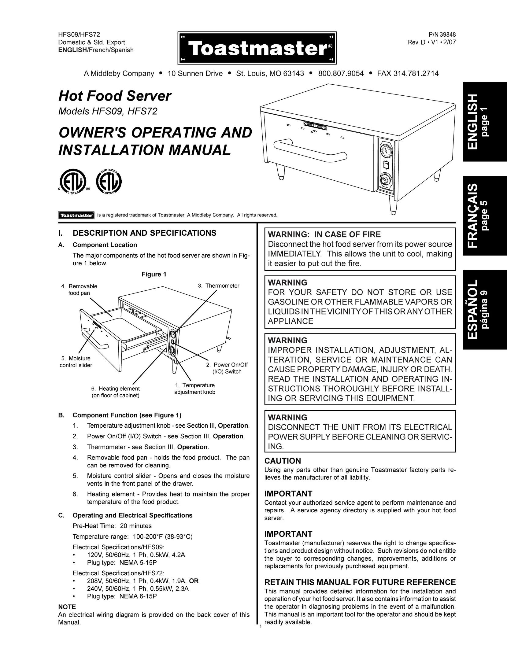 Toastmaster HFS72 Convection Oven User Manual
