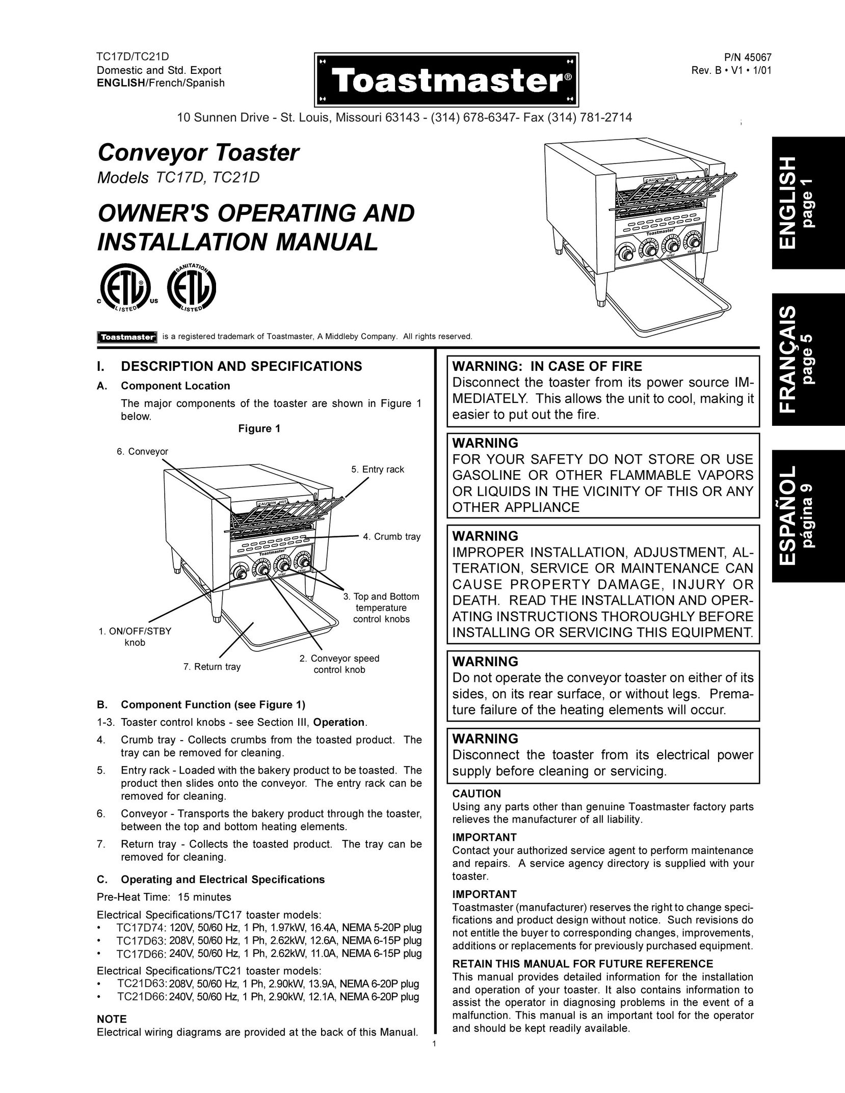Toastmaster TC17D Convection Oven User Manual