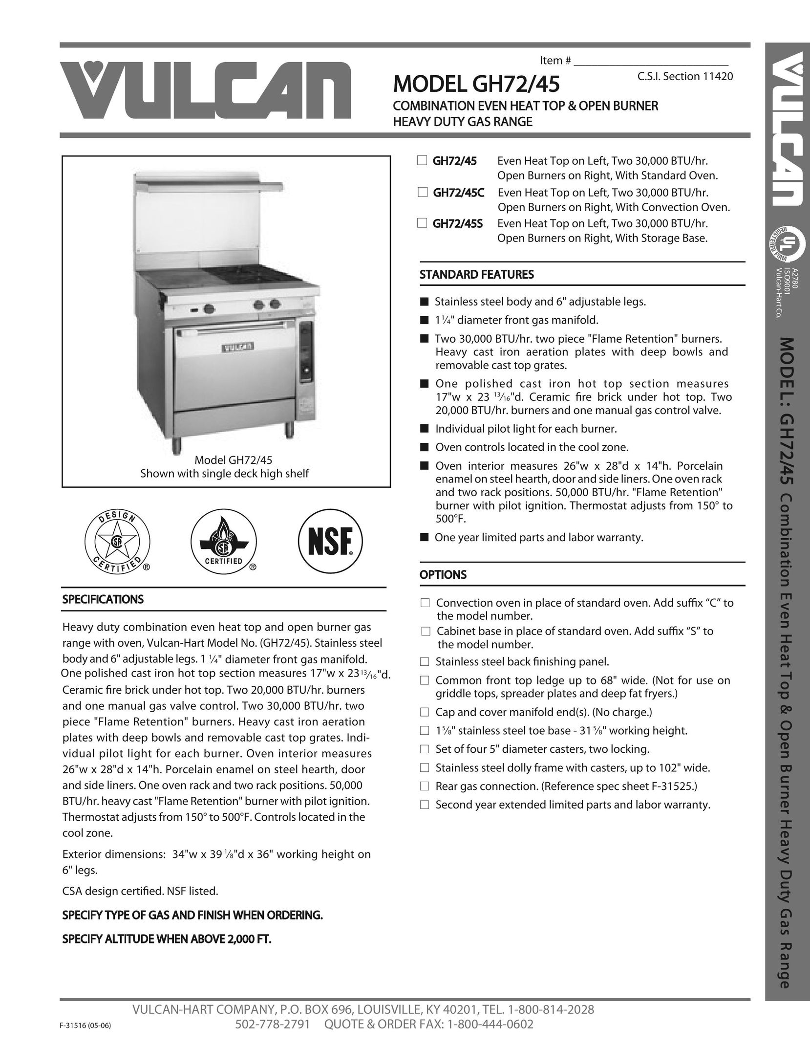 Vulcan-Hart GH72/45 Convection Oven User Manual