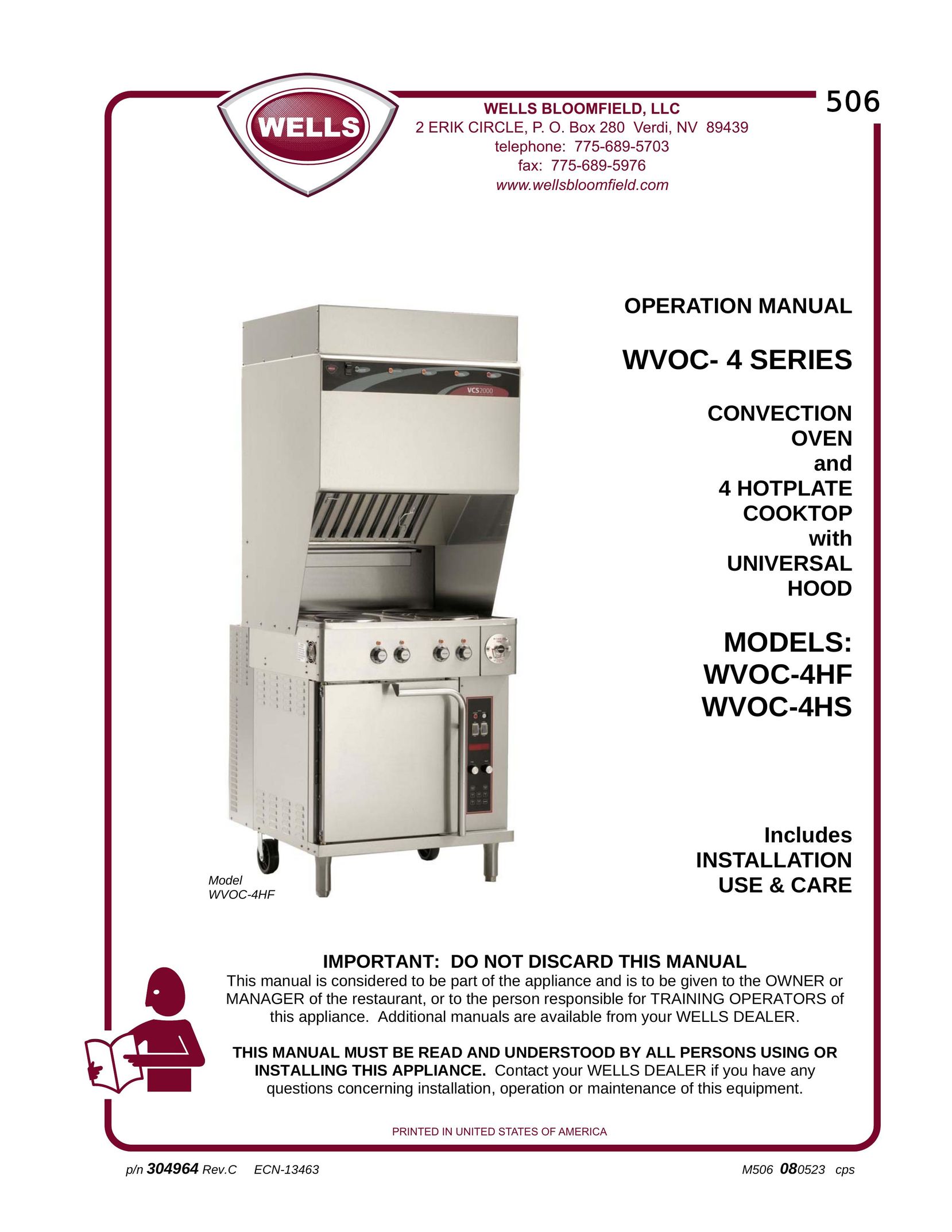 Wells WVOC-4HS Convection Oven User Manual