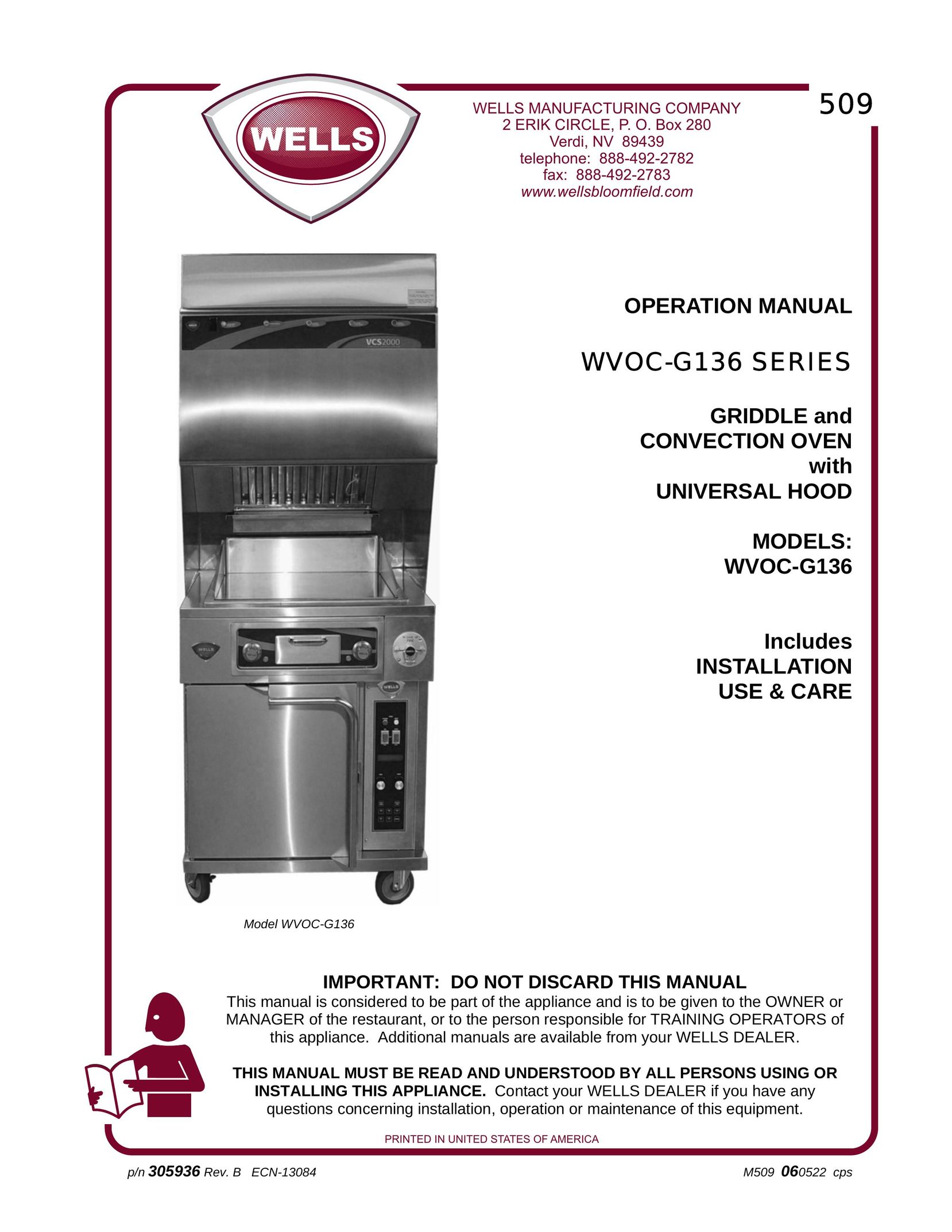 Wells WVOC-G136 Convection Oven User Manual