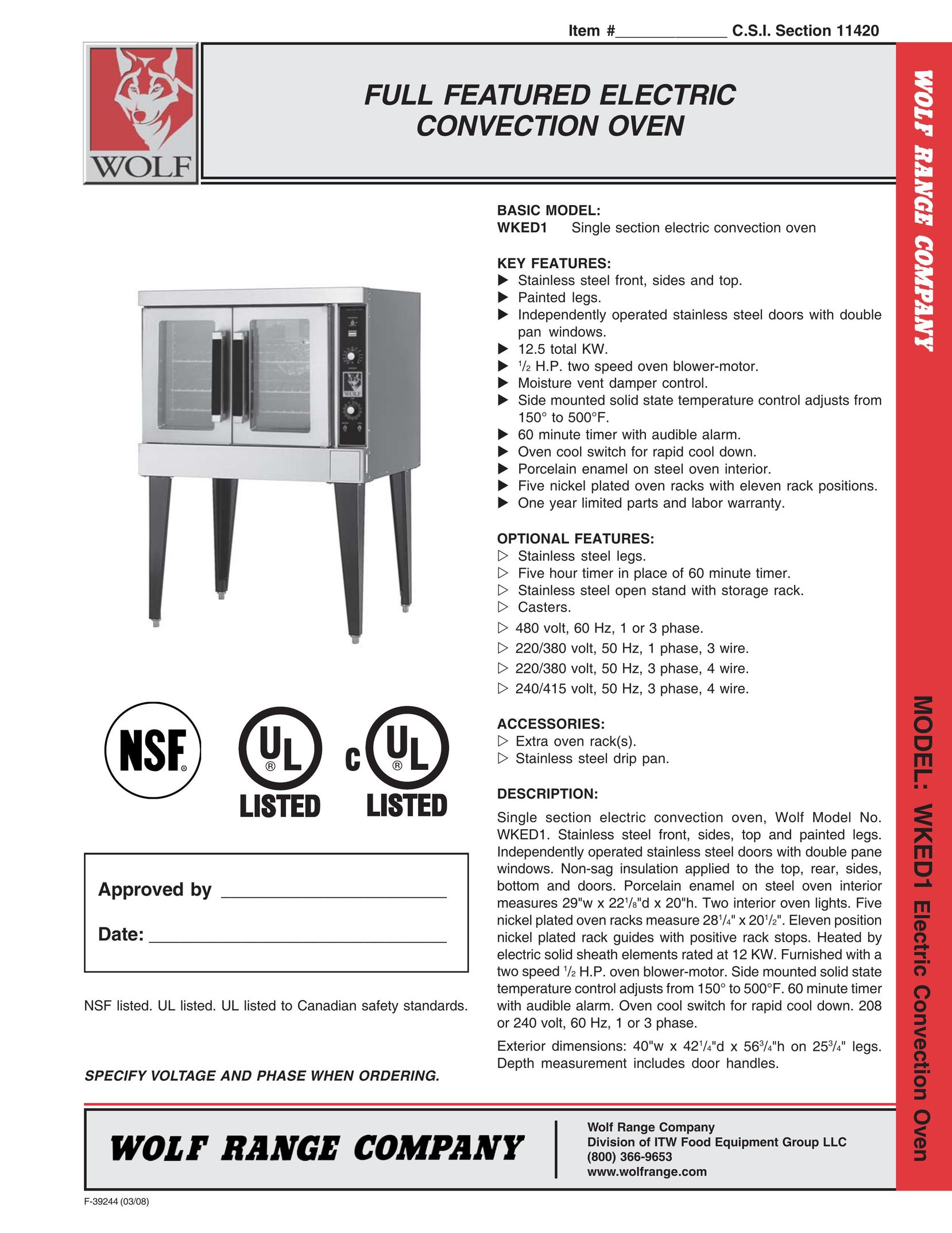 Wolf WKED1 Convection Oven User Manual