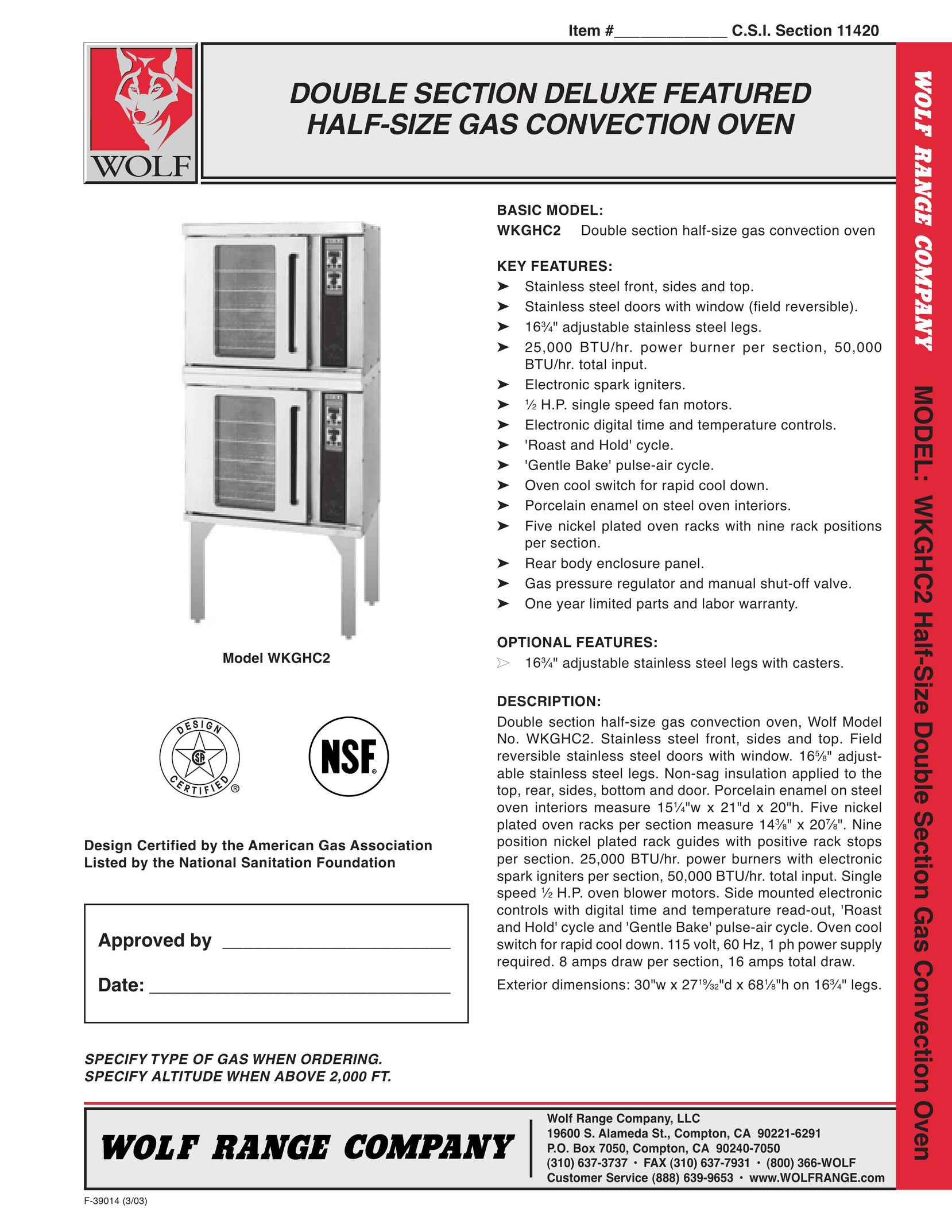 Wolf WKGHC2 Convection Oven User Manual