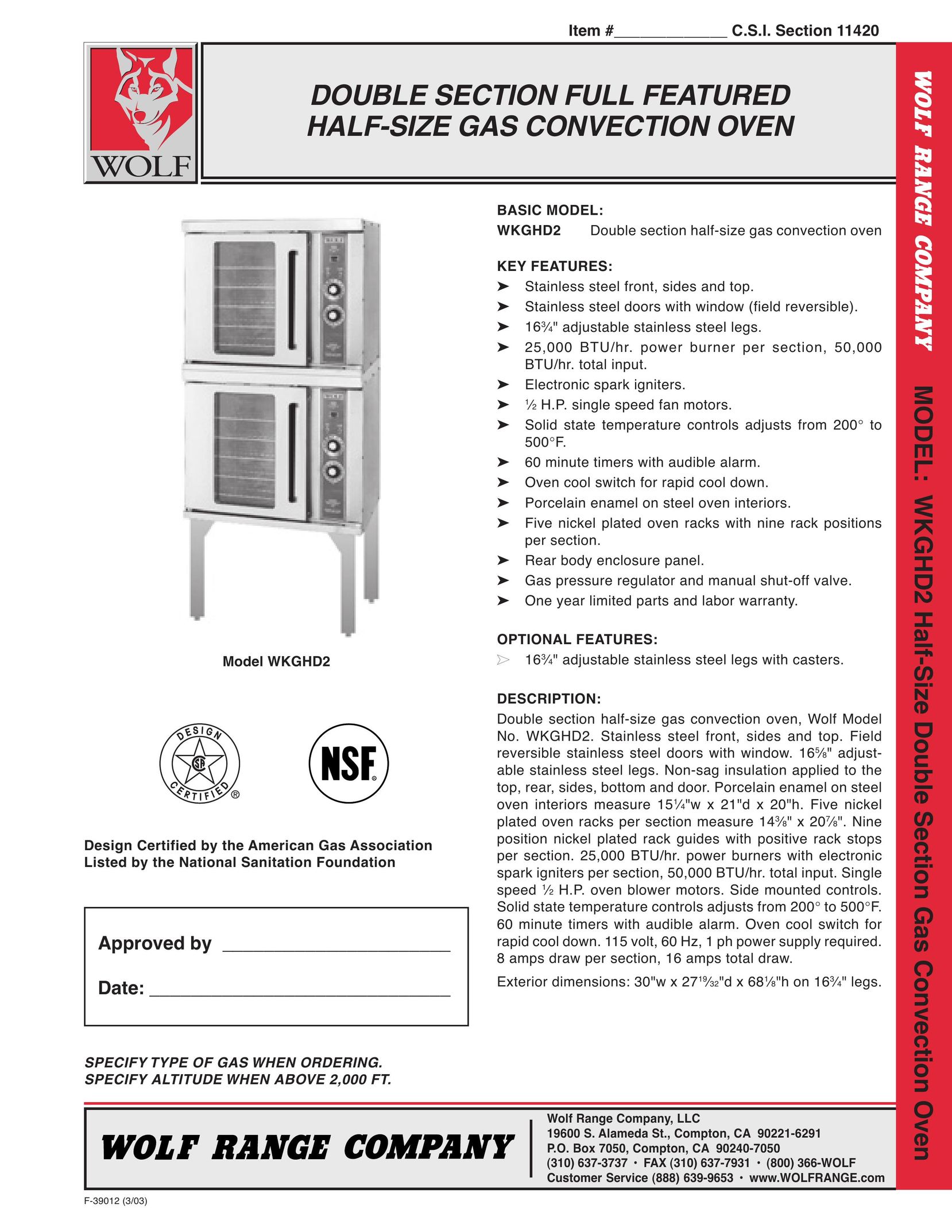 Wolf WKGHD2 Convection Oven User Manual