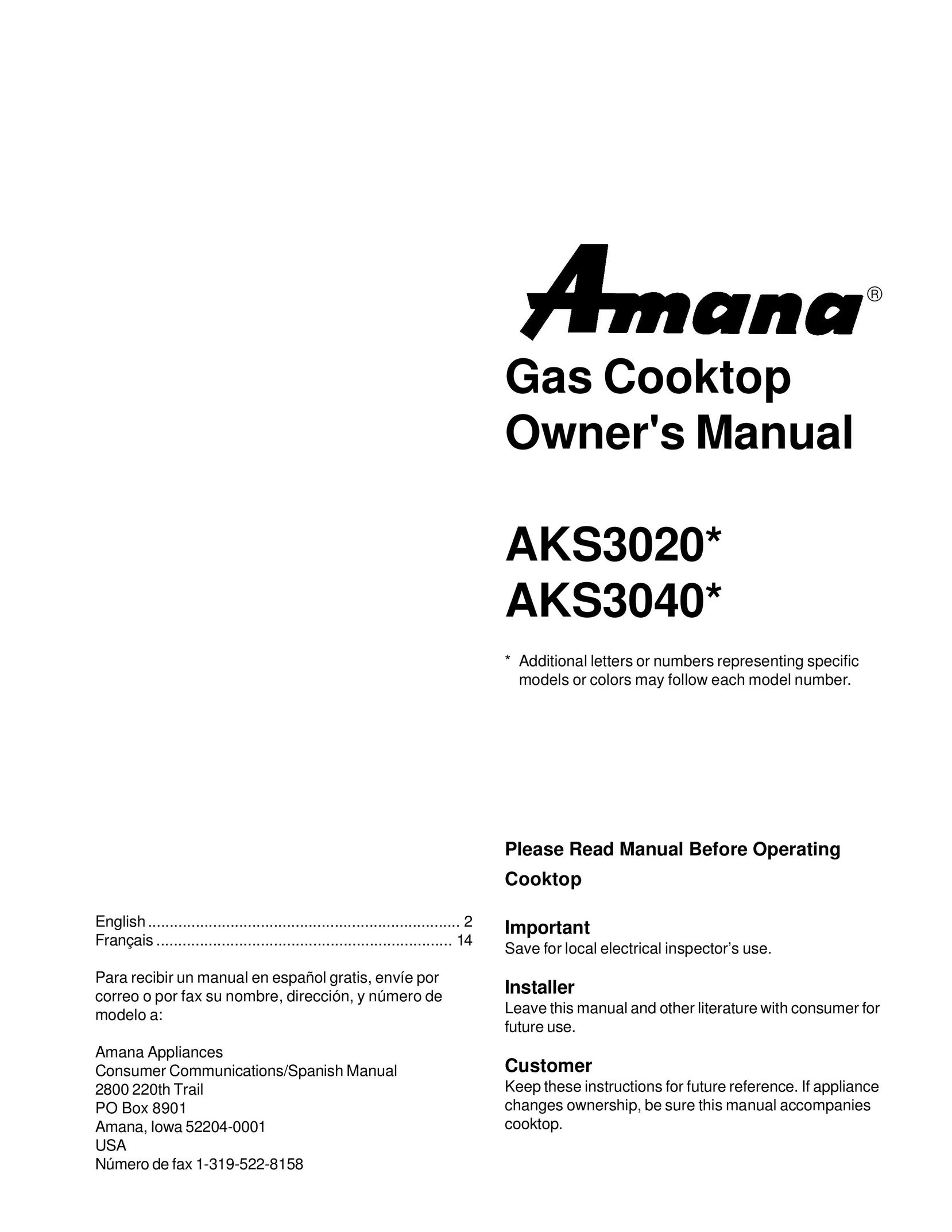 Amana AKS3020 Cooktop User Manual