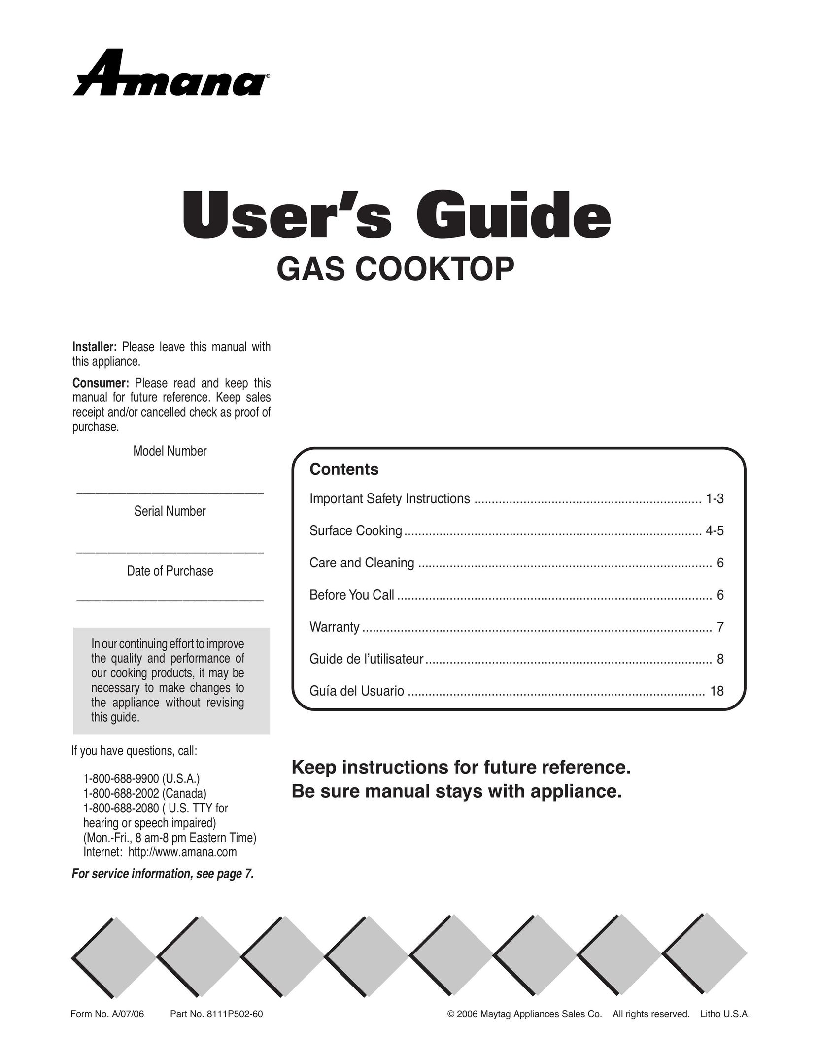 Amana AKS3040 Cooktop User Manual