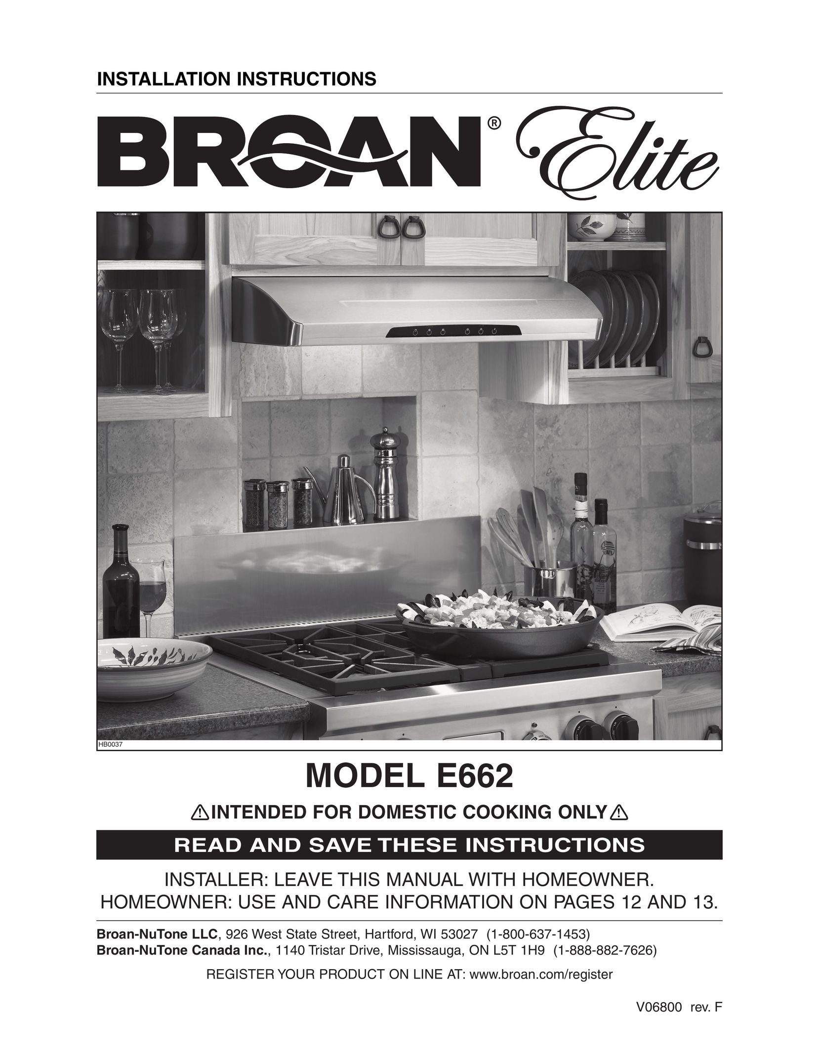 Broan E662 Cooktop User Manual