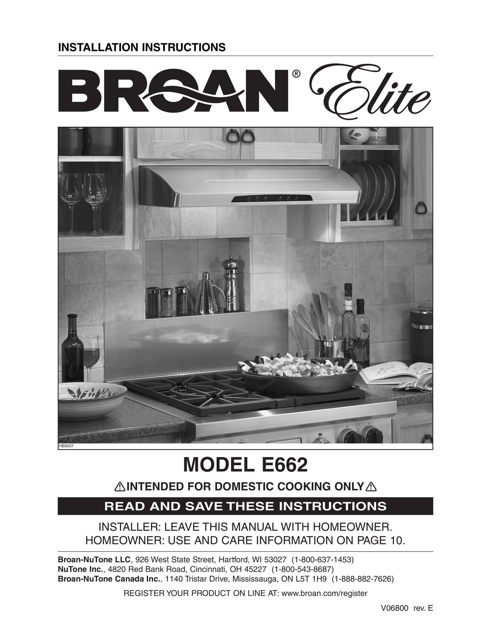 Broan Model E662 Cooktop User Manual