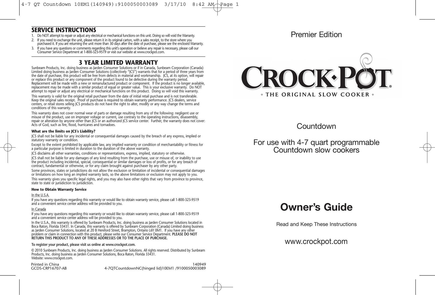 Crock-Pot Countdownn 4-7 Quart Cooktop User Manual
