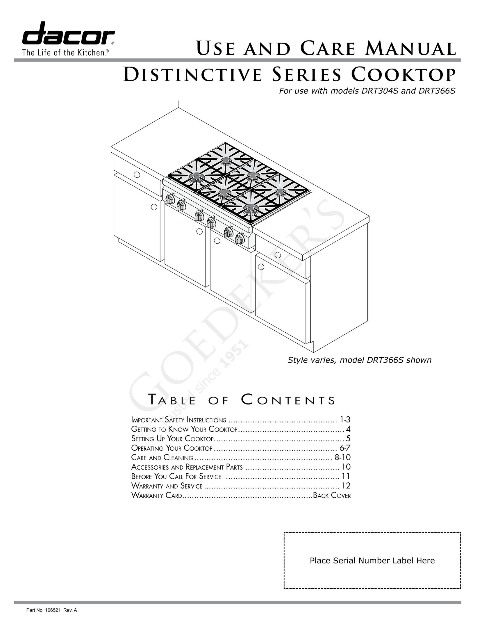Dacor DRT366S Cooktop User Manual