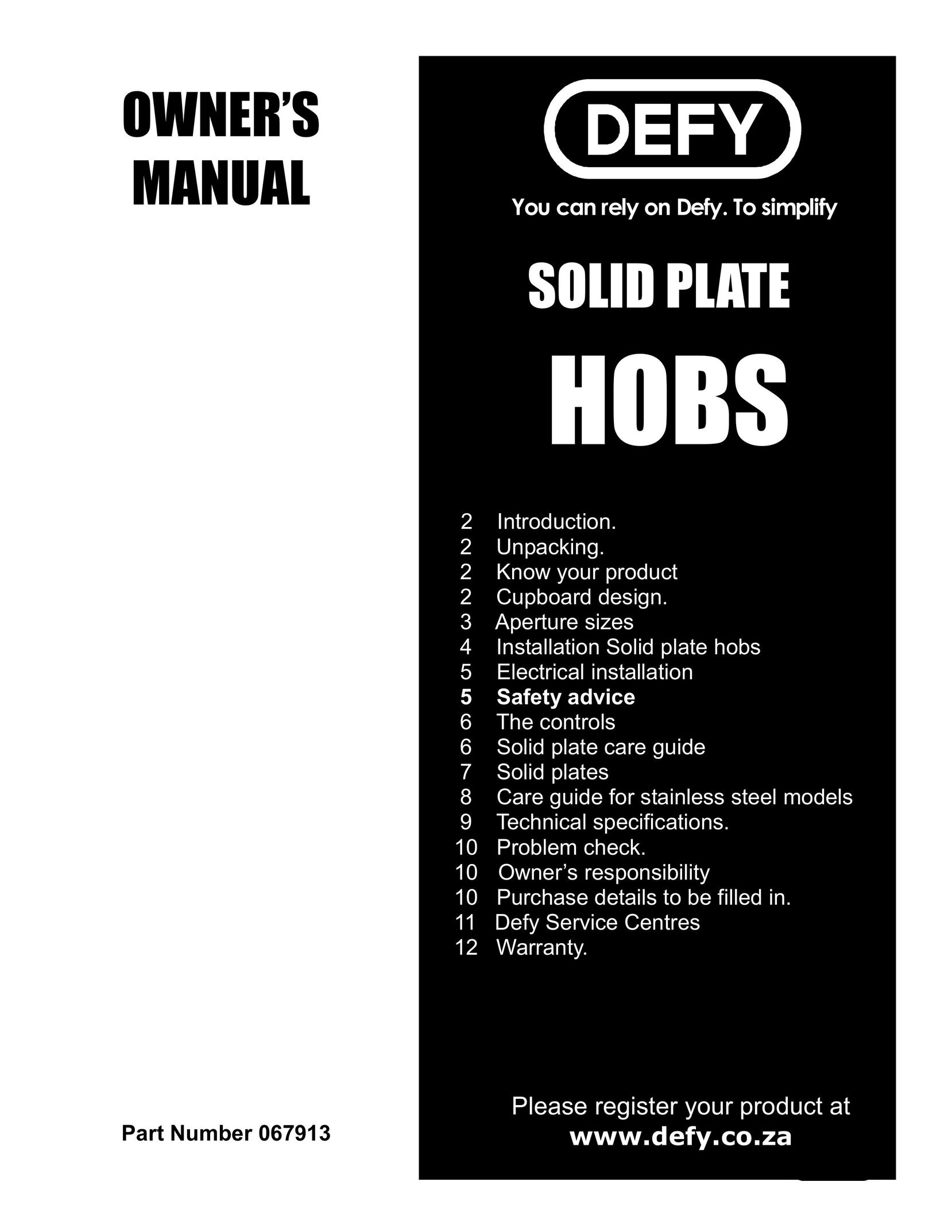 Defy Appliances 67913 Cooktop User Manual