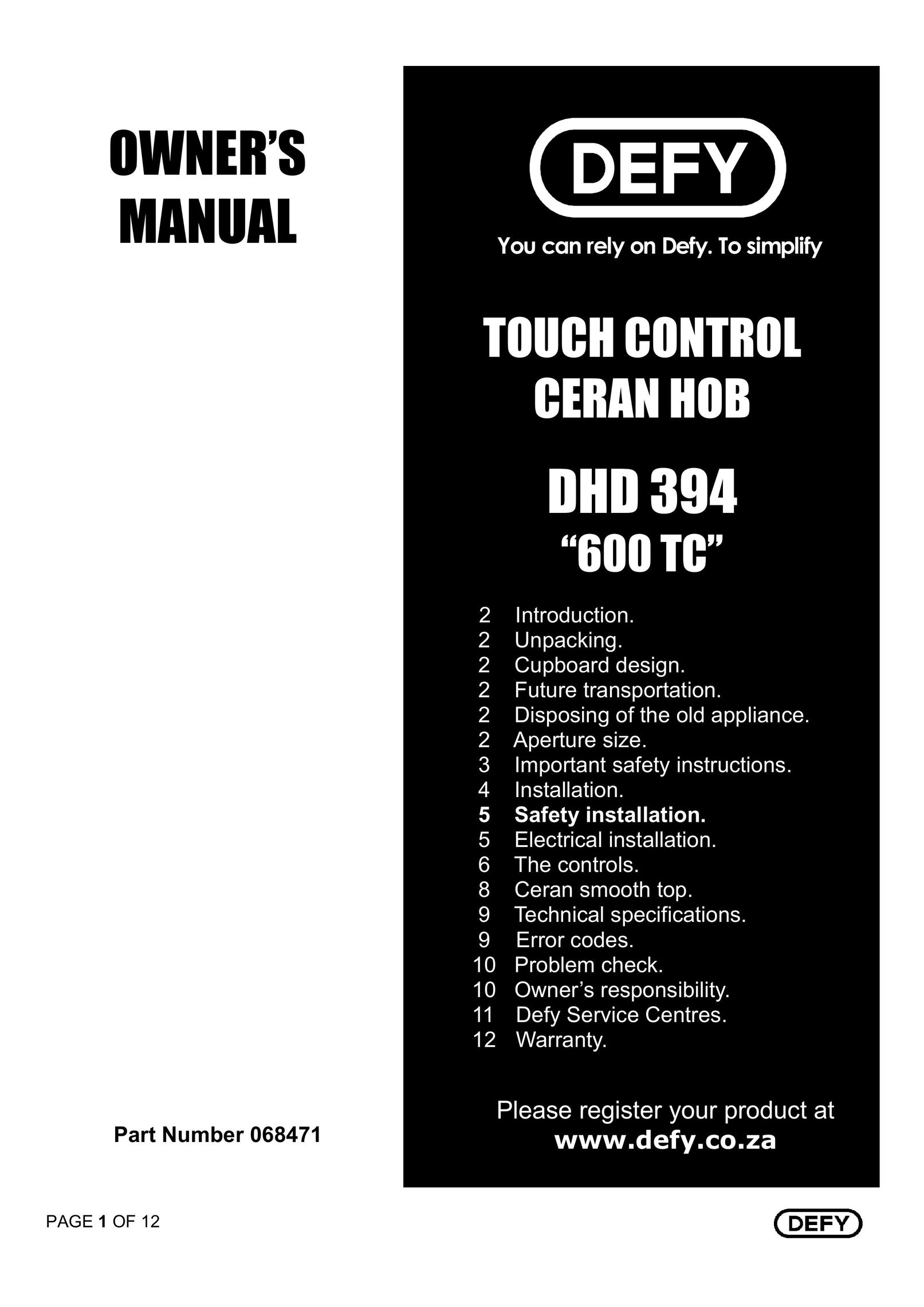 Defy Appliances DHD 394 Cooktop User Manual