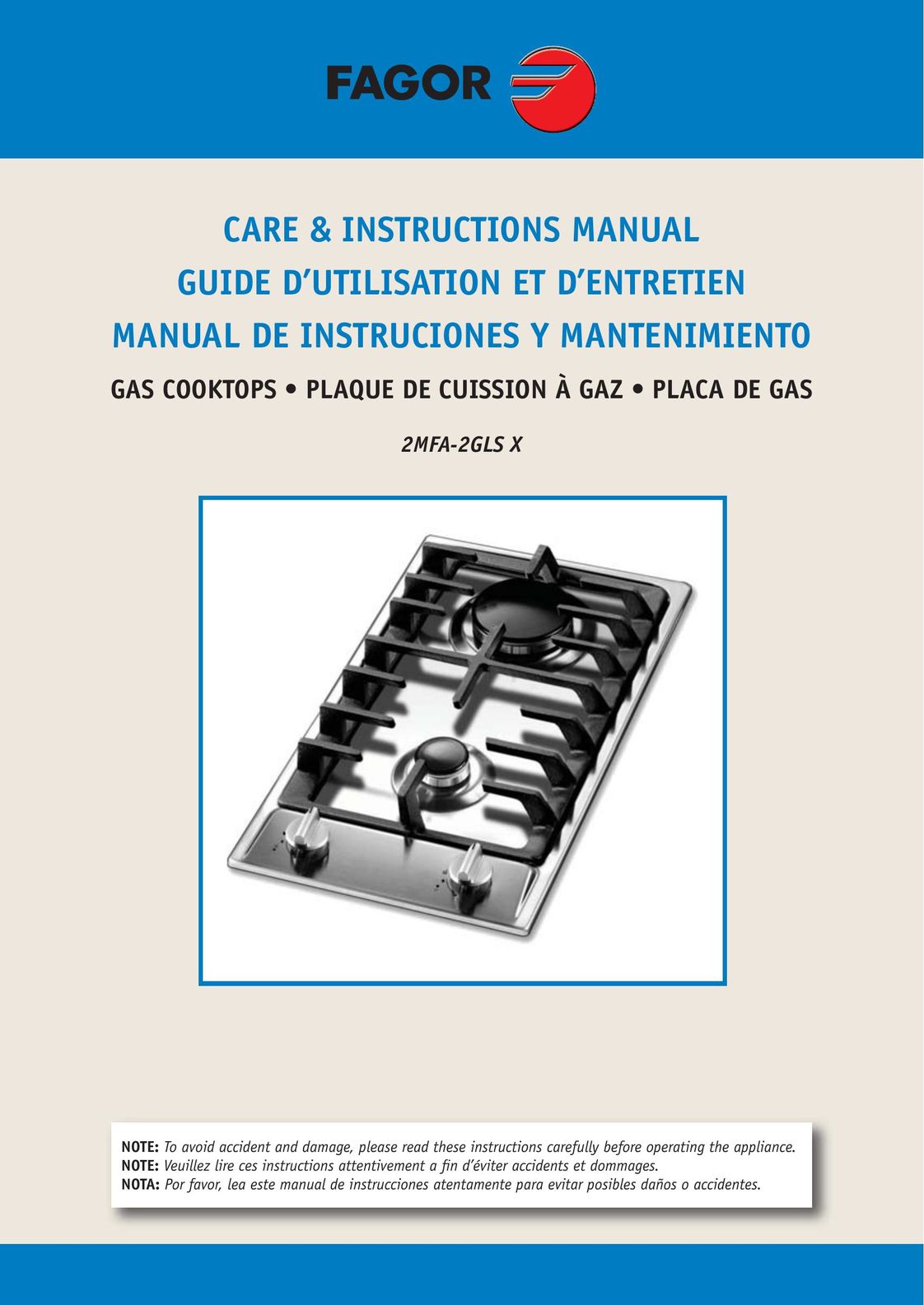Fagor America 2MFA2GLSX Cooktop User Manual