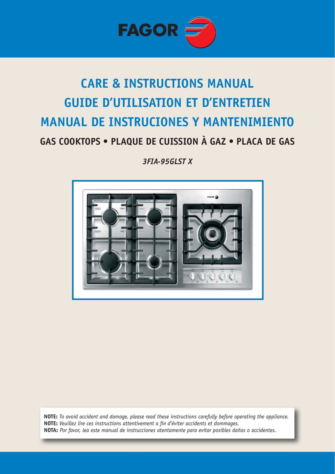 Fagor America 3FIA-95GLST X Cooktop User Manual