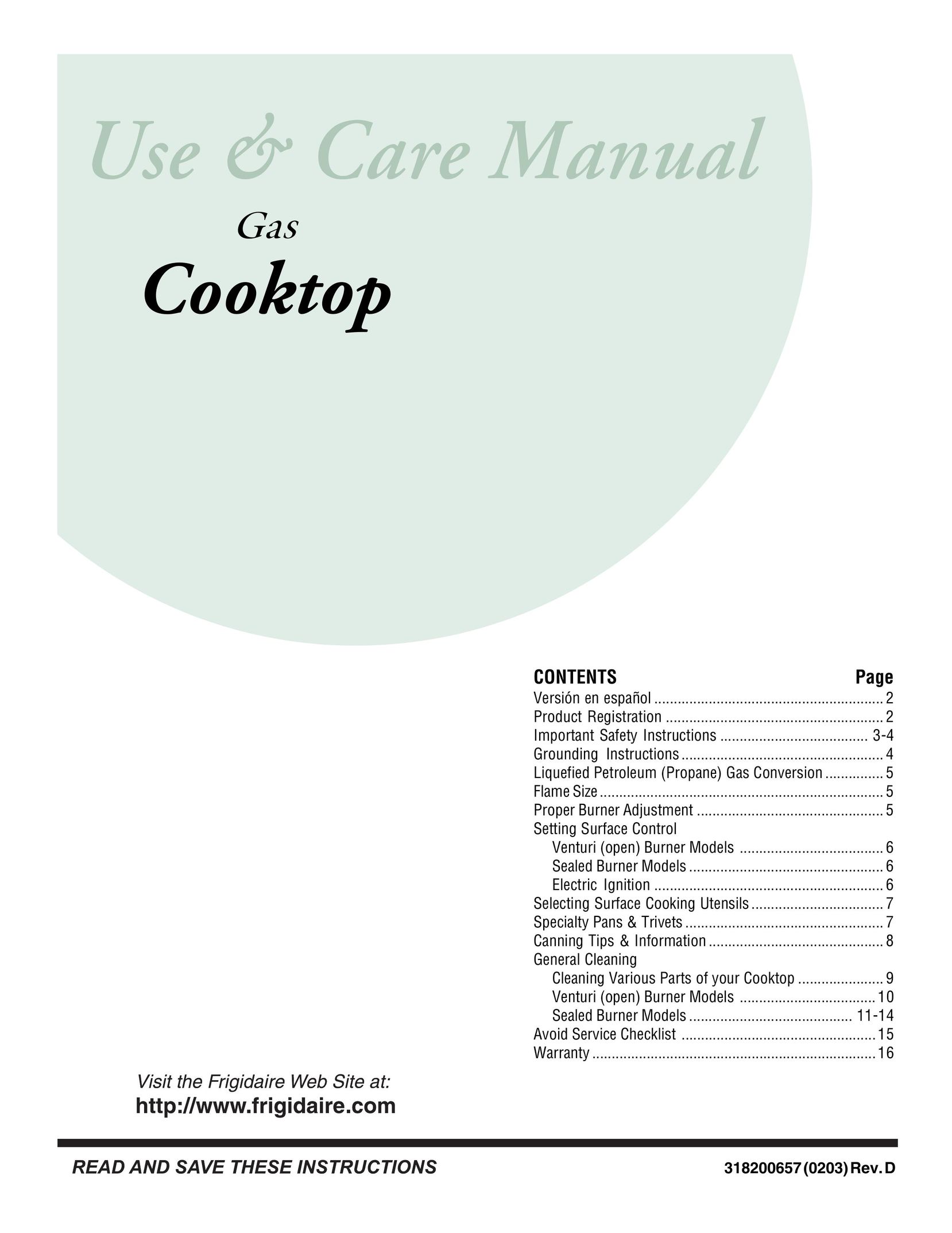 Frigidaire 318200657(0203) Cooktop User Manual