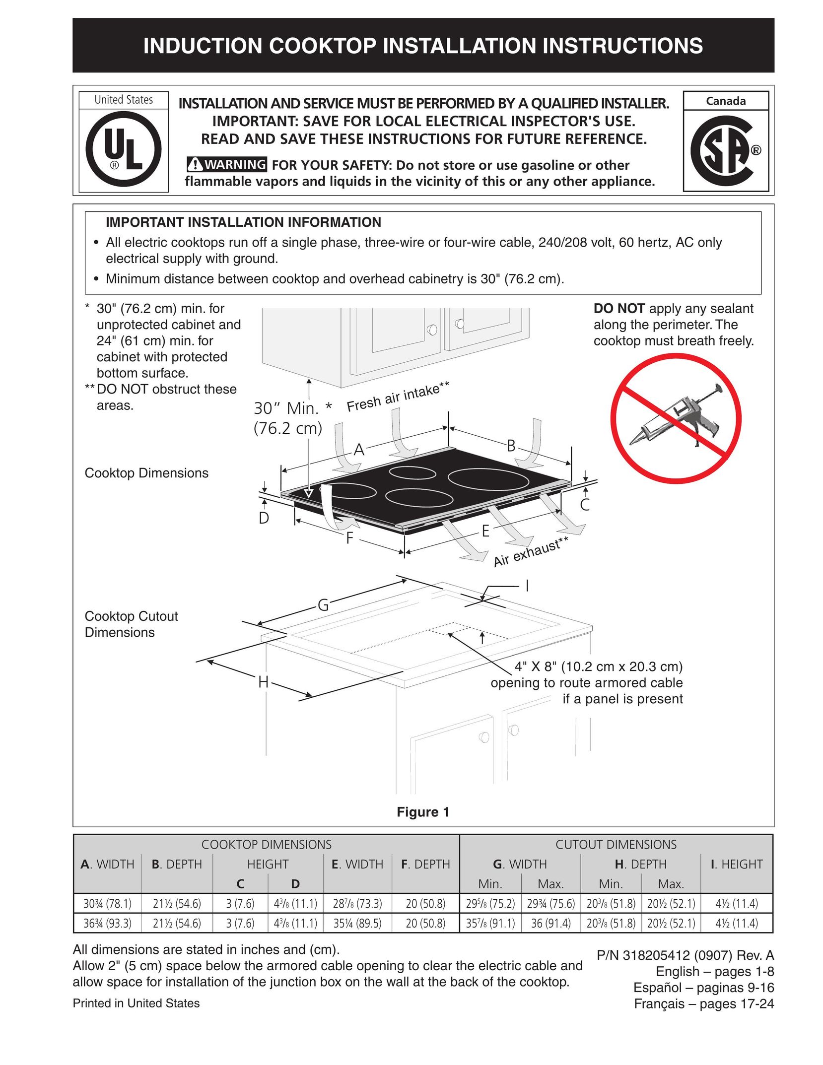 Frigidaire 318205412 Cooktop User Manual