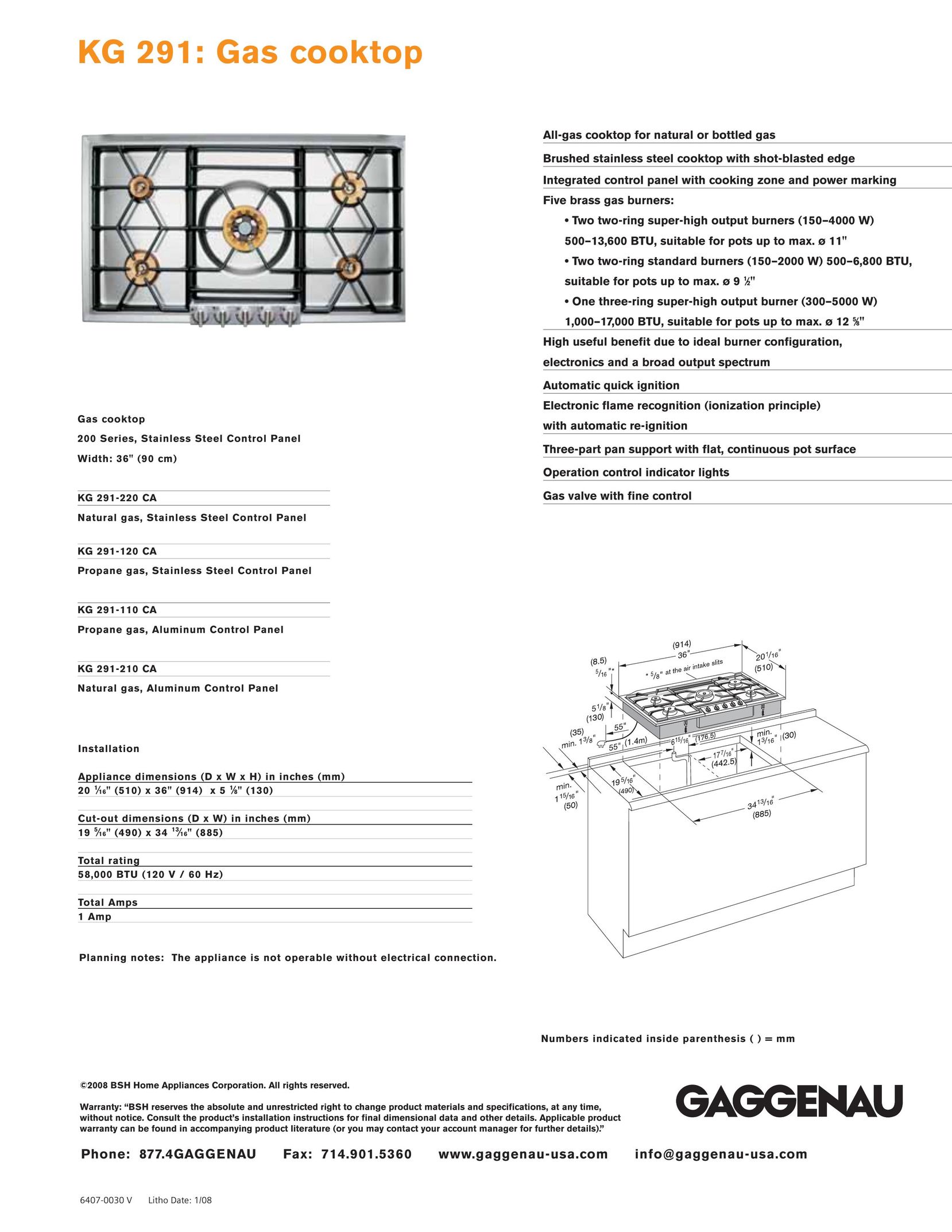 Gaggenau KG 291-110 CA Cooktop User Manual