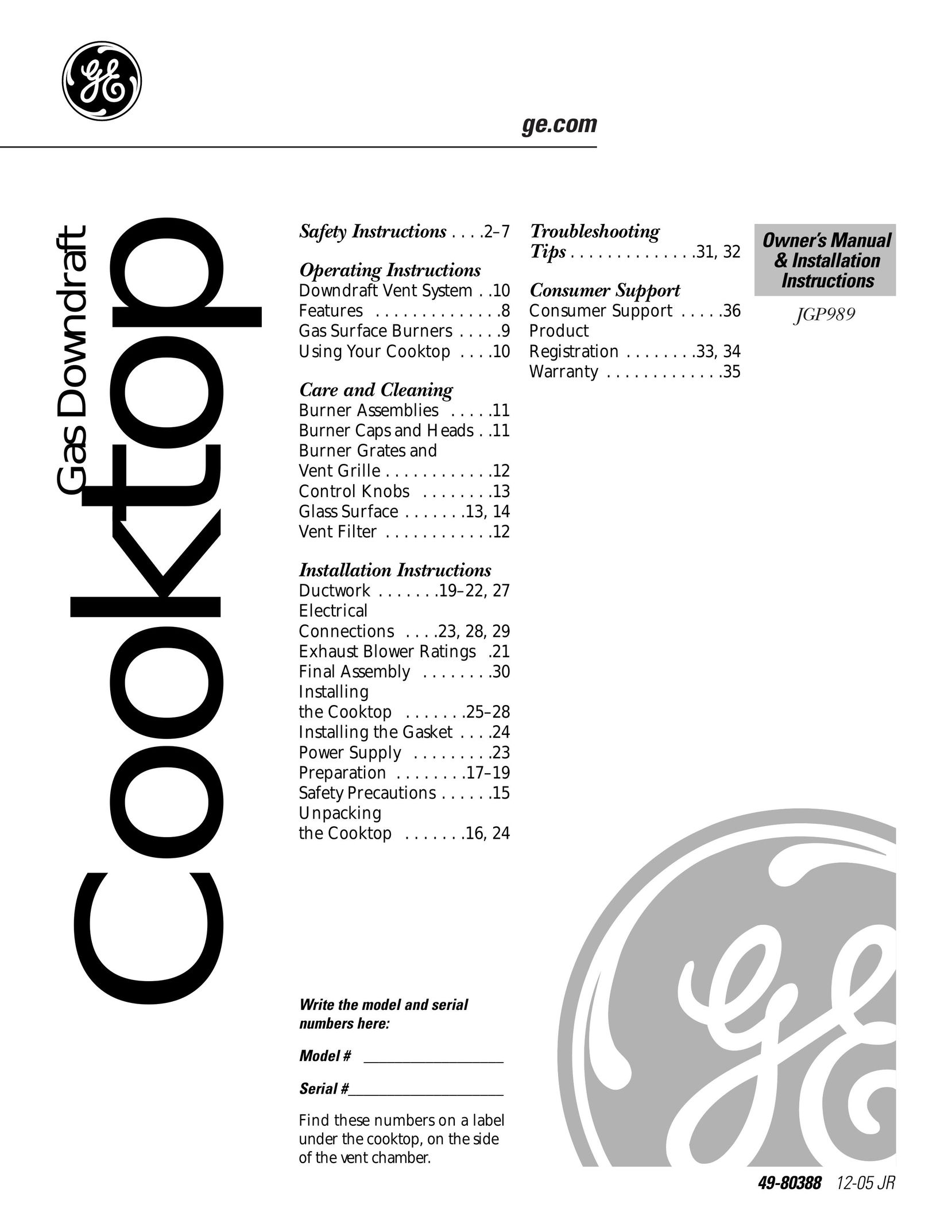 GE 49-80388 12-05 JR Cooktop User Manual