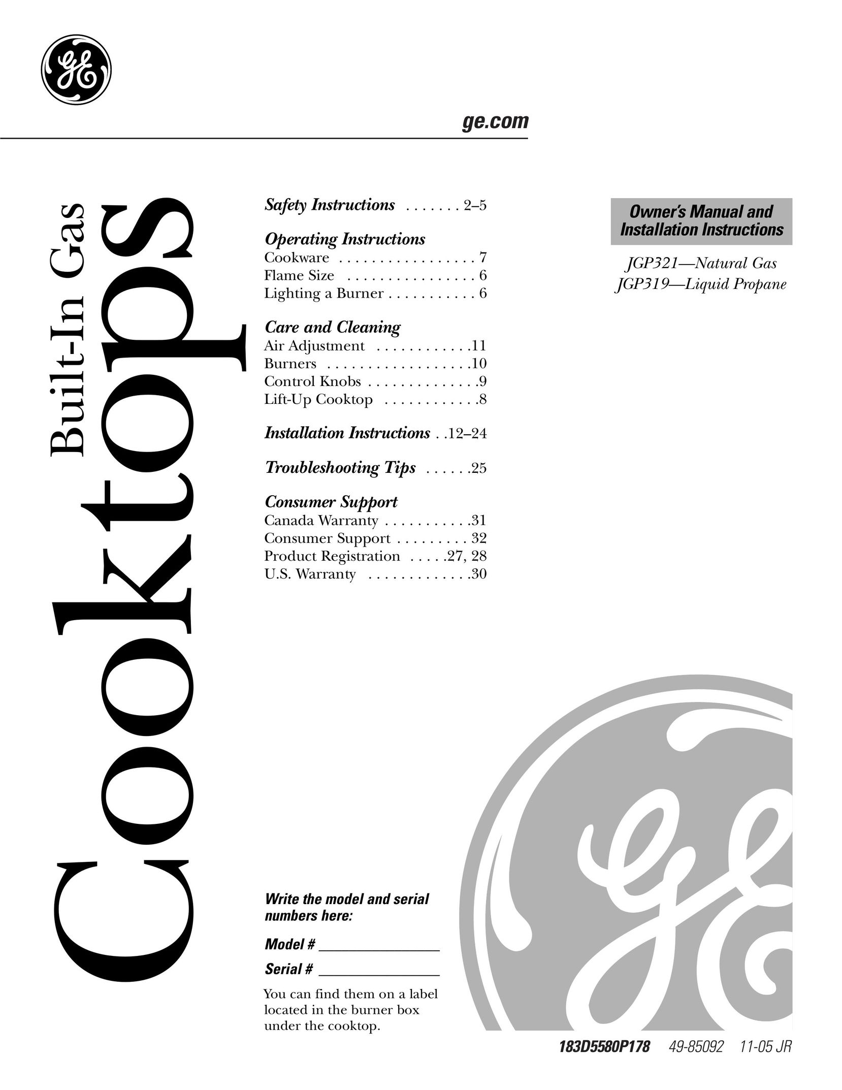GE JGP319 Cooktop User Manual