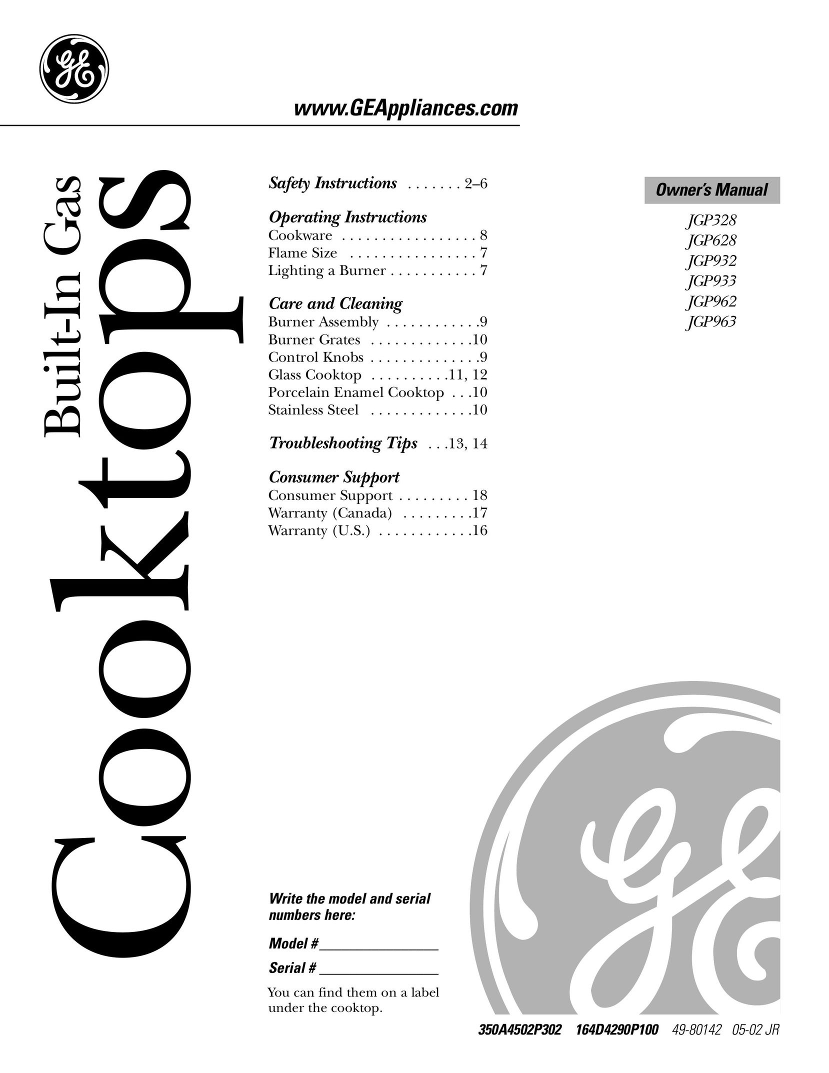 GE JGP328 Cooktop User Manual