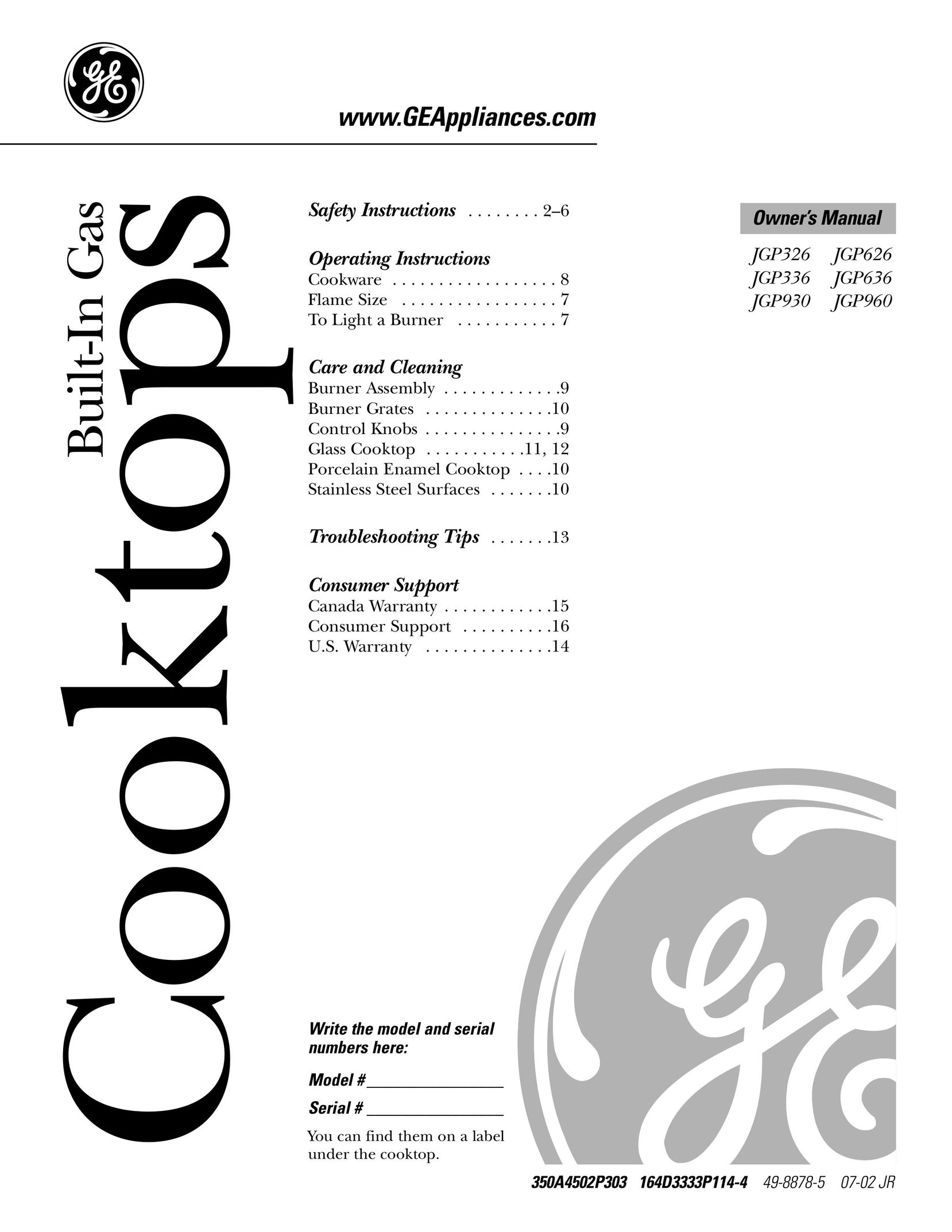 GE JGP336 Cooktop User Manual