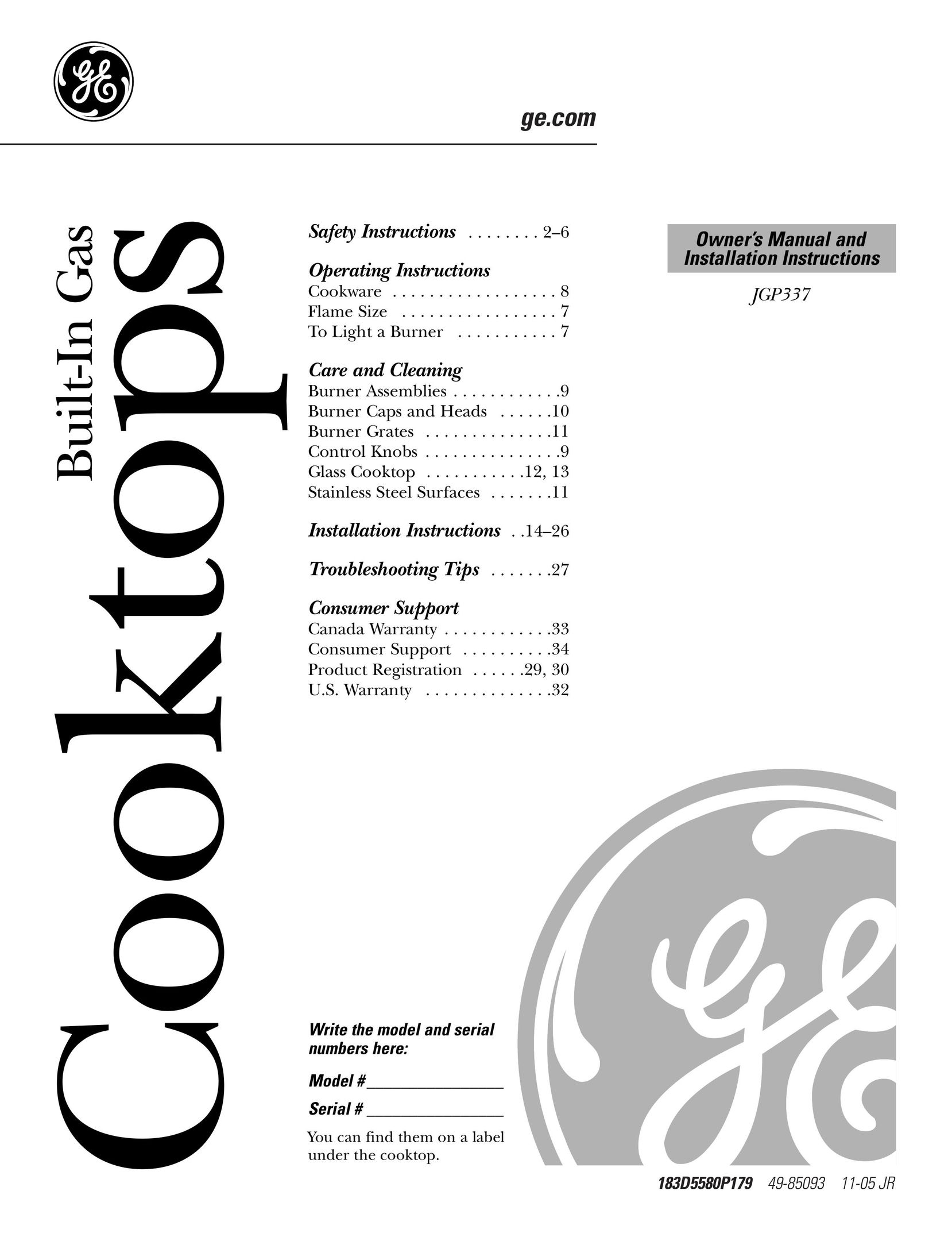 GE JGP337 Cooktop User Manual