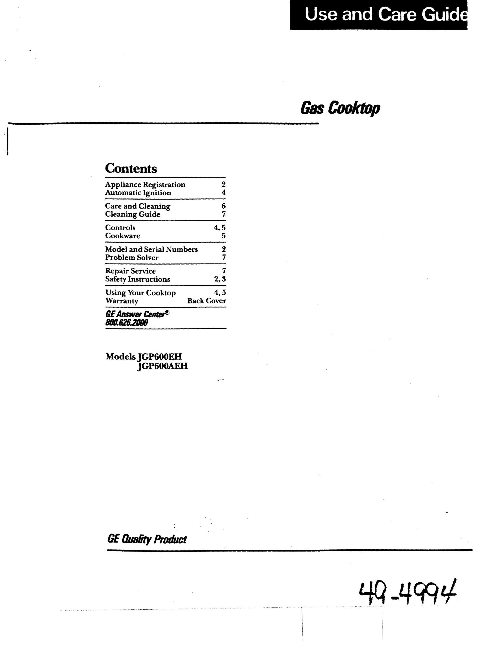 GE JGP600EH Cooktop User Manual