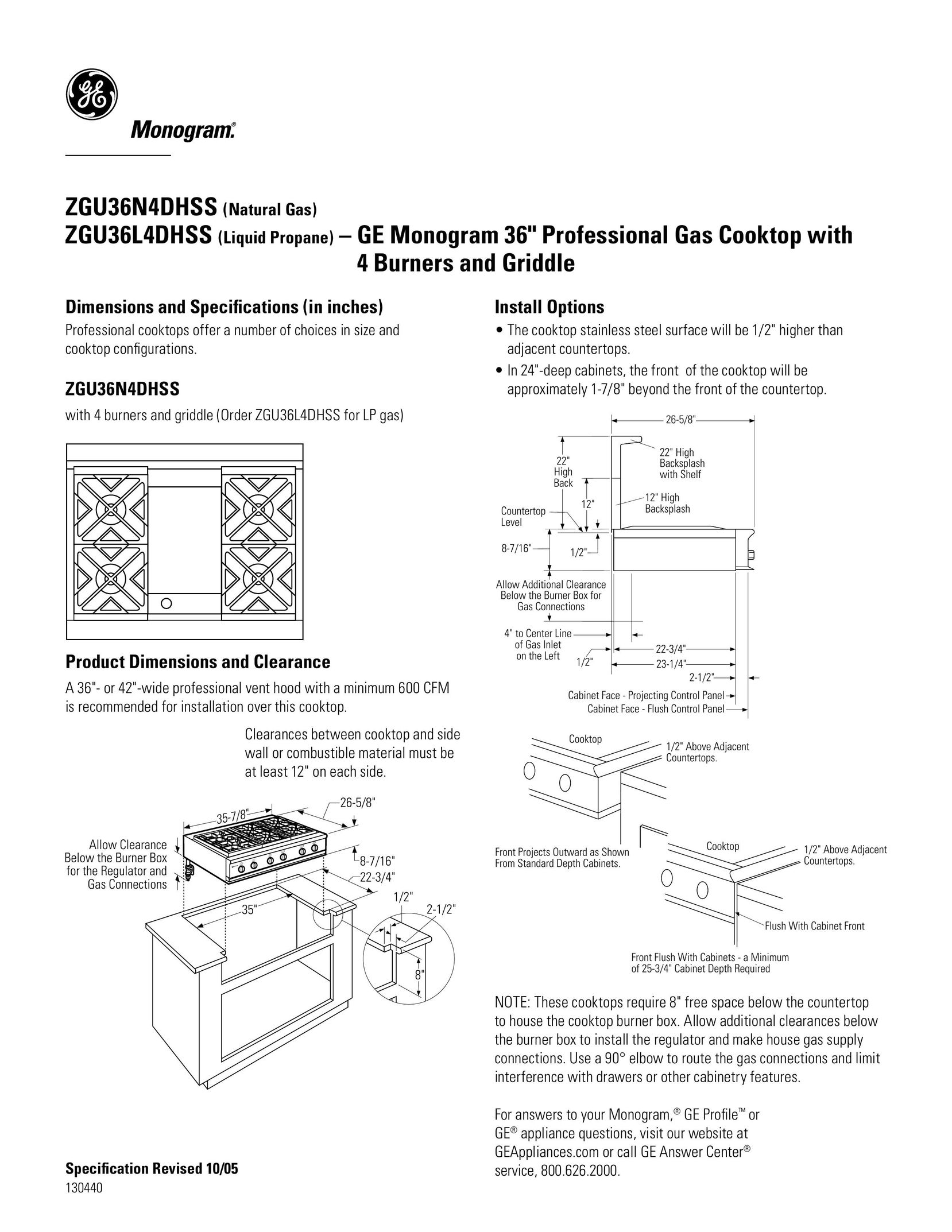 GE Monogram ZGU36L4DHSS Cooktop User Manual