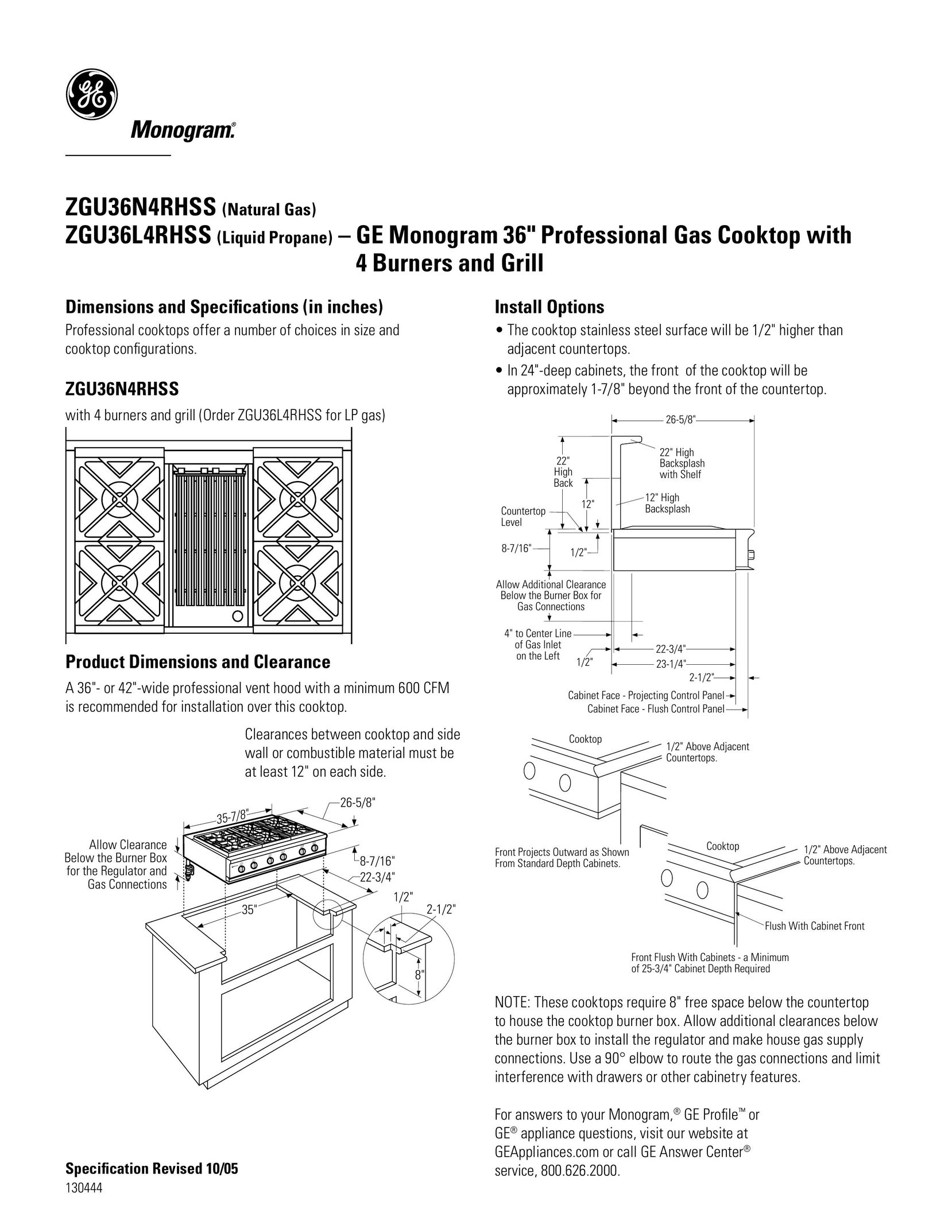 GE Monogram ZGU36L4RHSS Cooktop User Manual