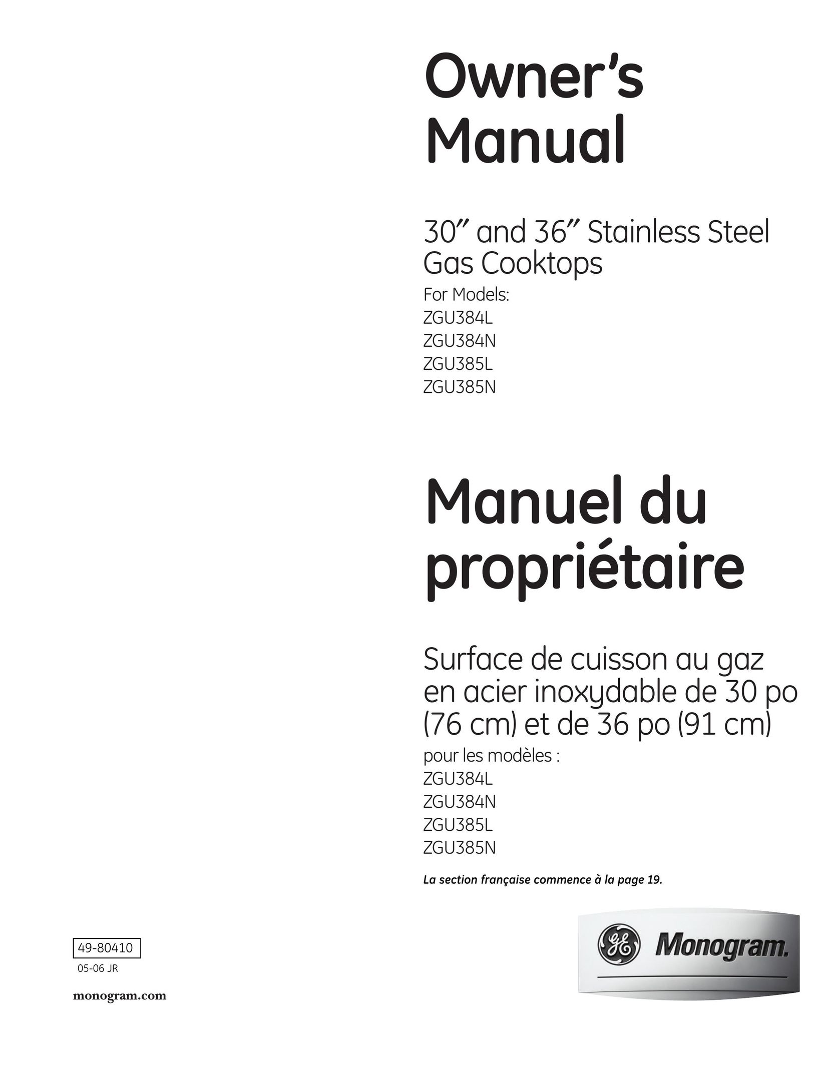 GE Monogram ZGU384L Cooktop User Manual