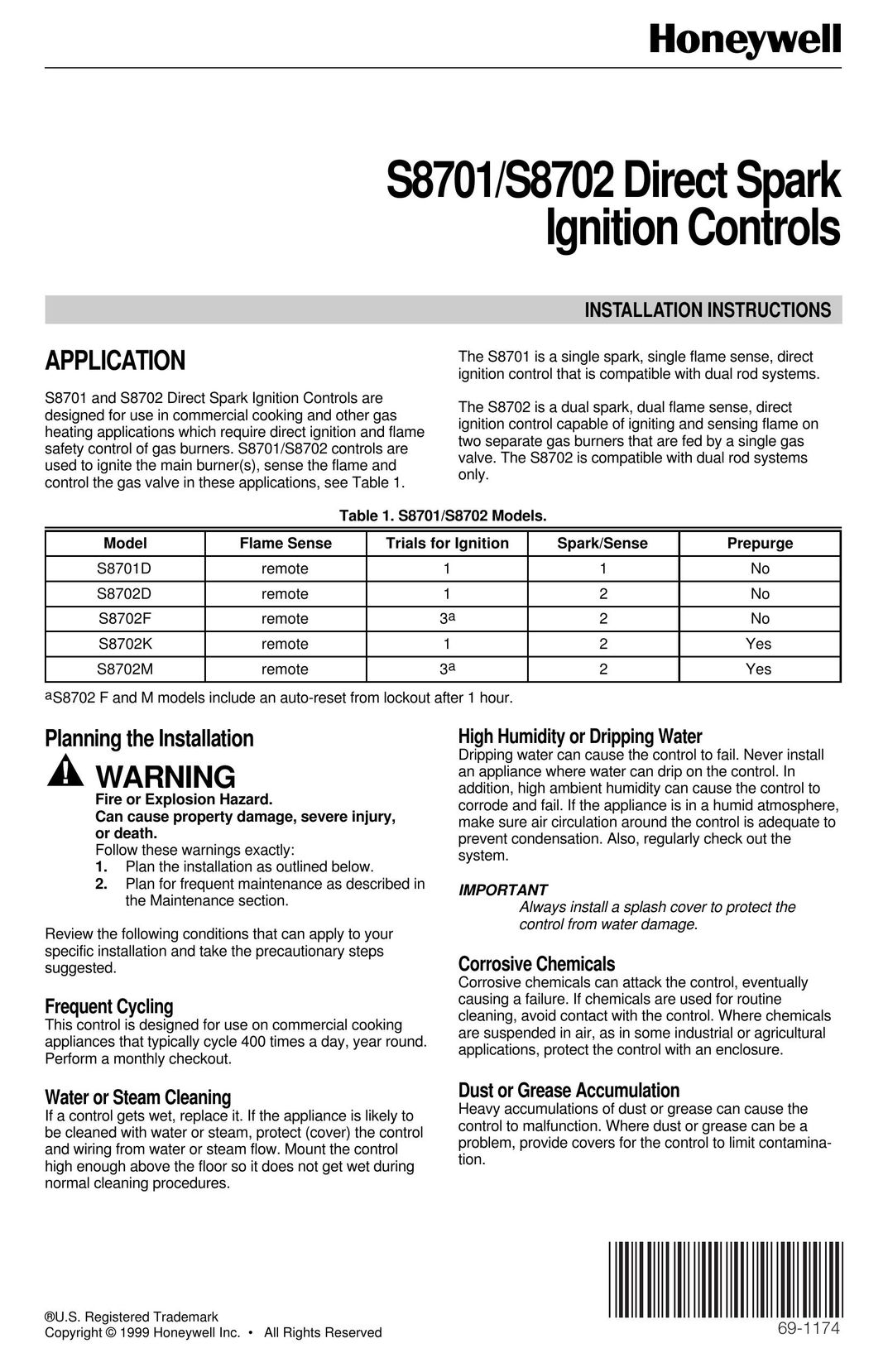 Honeywell S8701 Cooktop User Manual