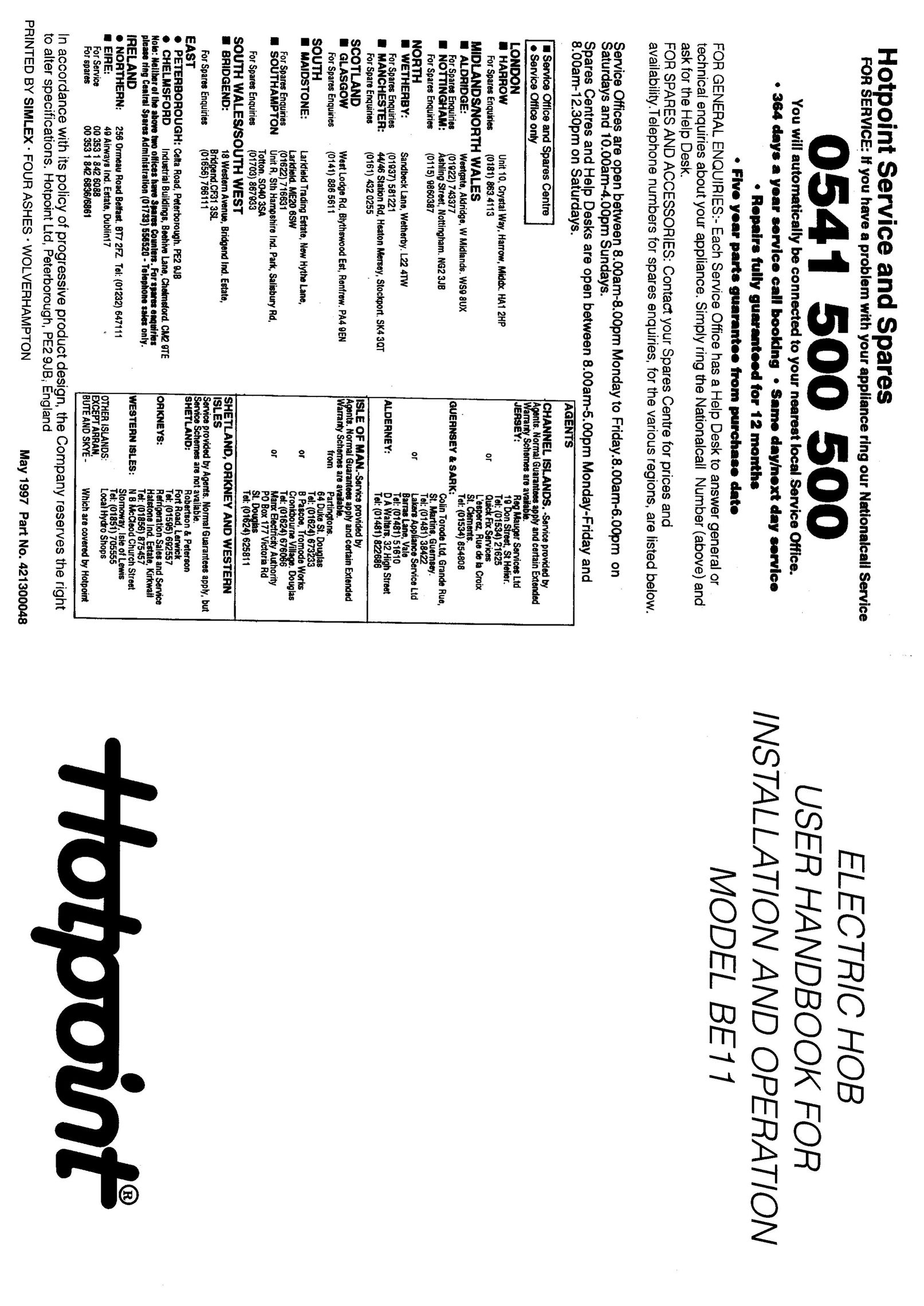 Hotpoint BE11 Cooktop User Manual