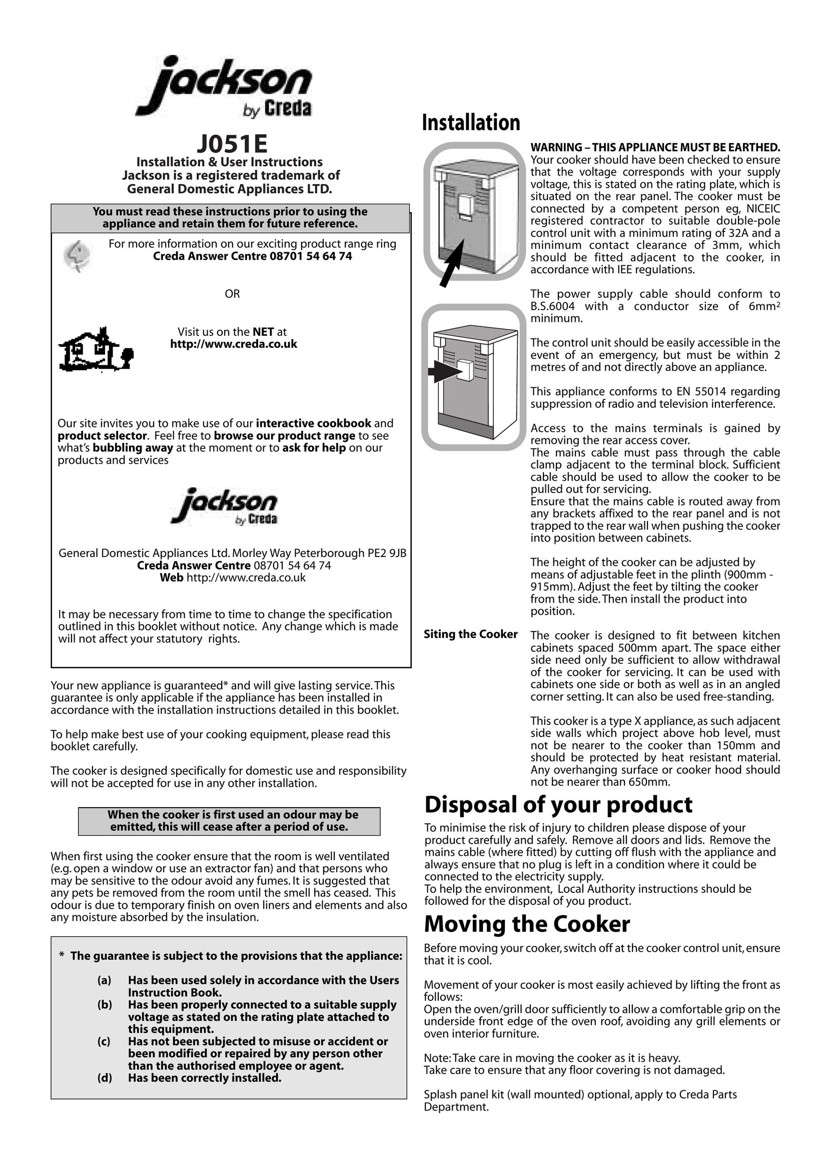 Jackson J051E Cooktop User Manual