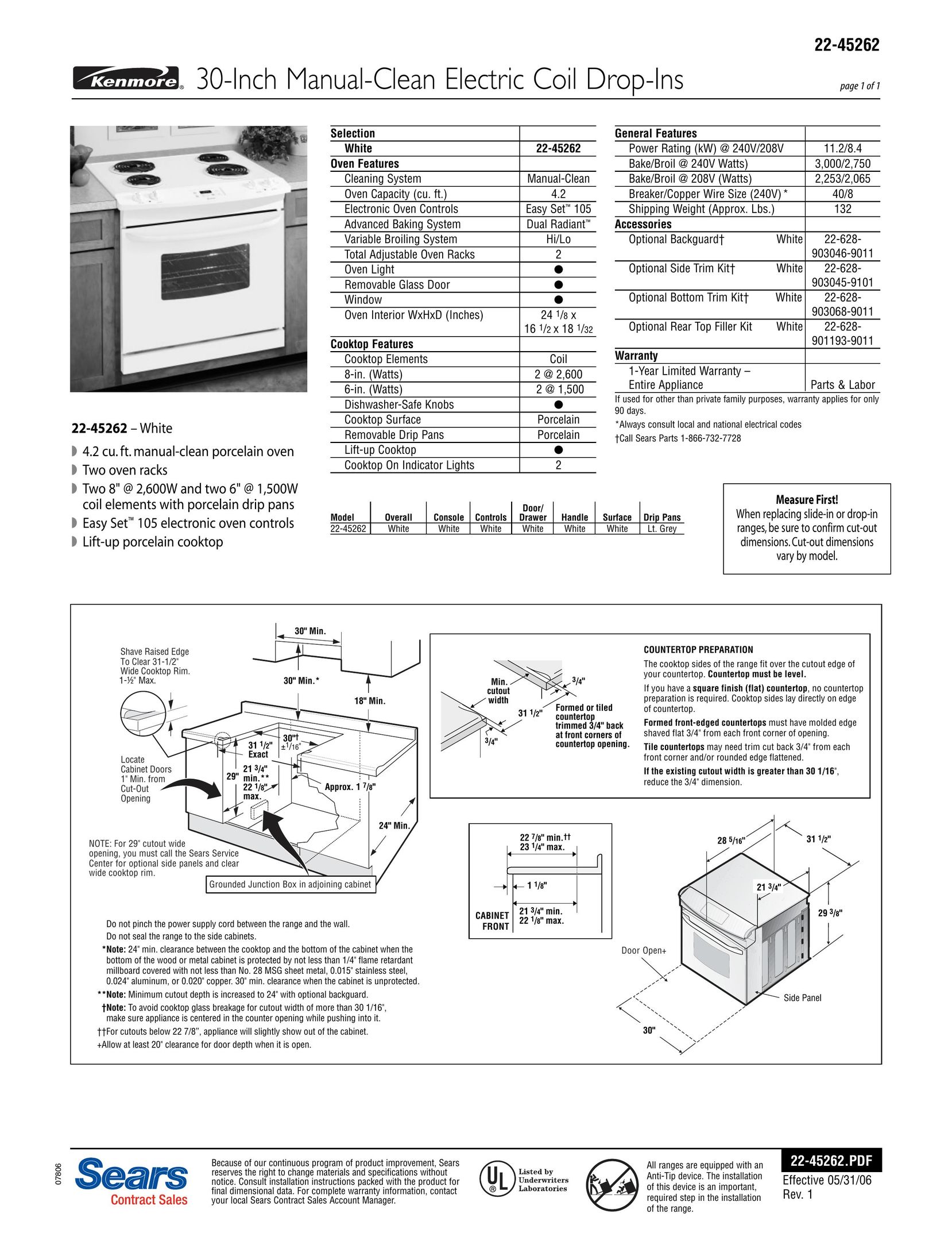 Kenmore 22-45262 Cooktop User Manual