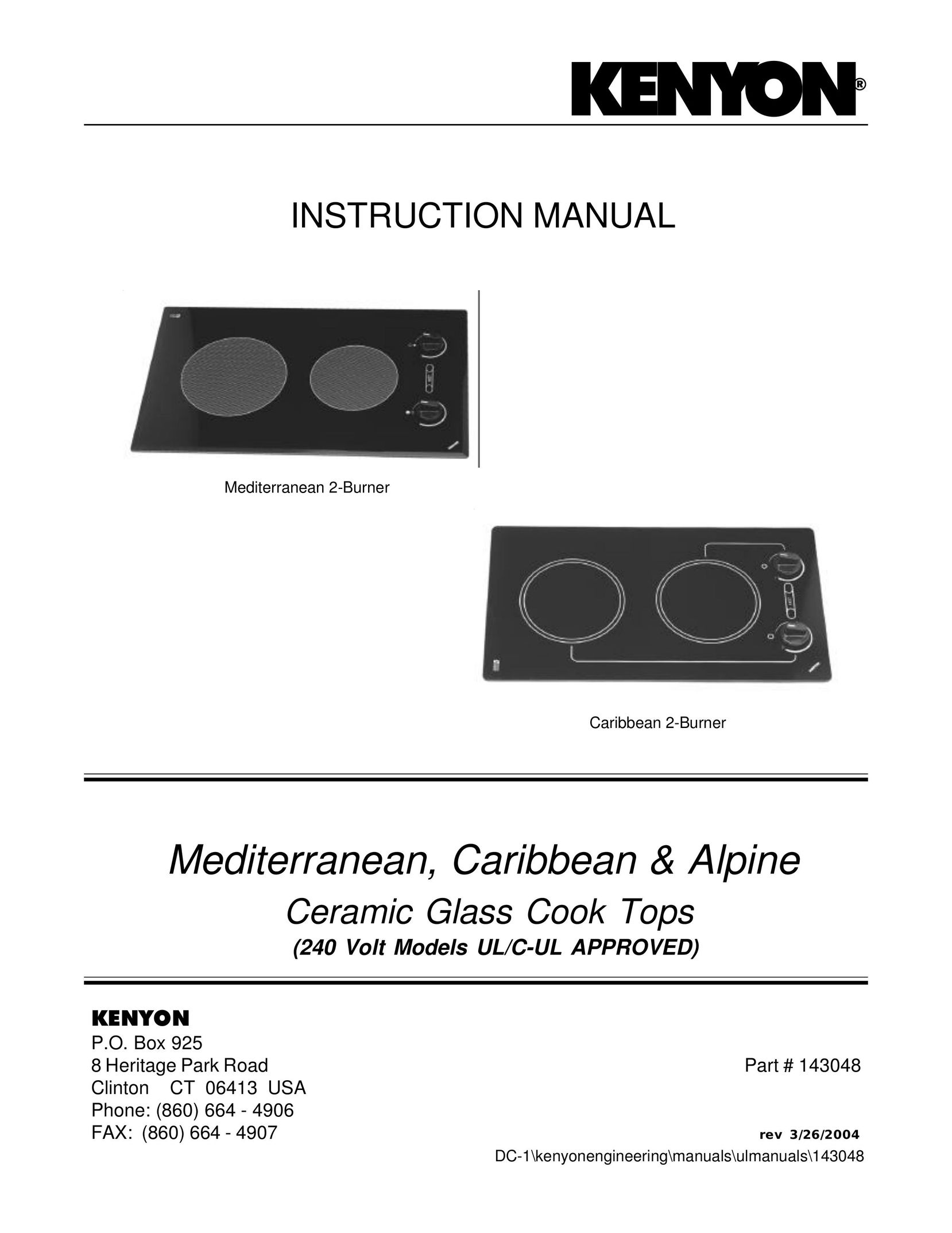 Kenyon UL/C-UL Cooktop User Manual