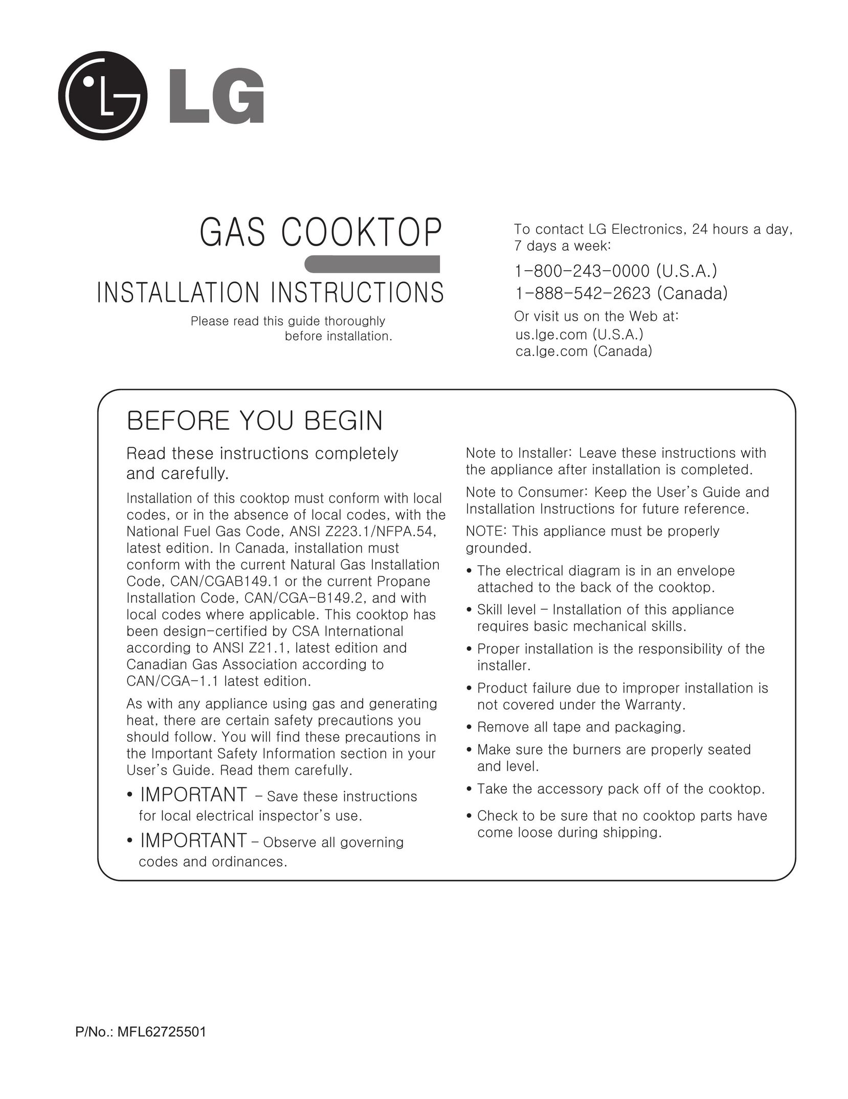 LG Electronics MFL62725501 Cooktop User Manual
