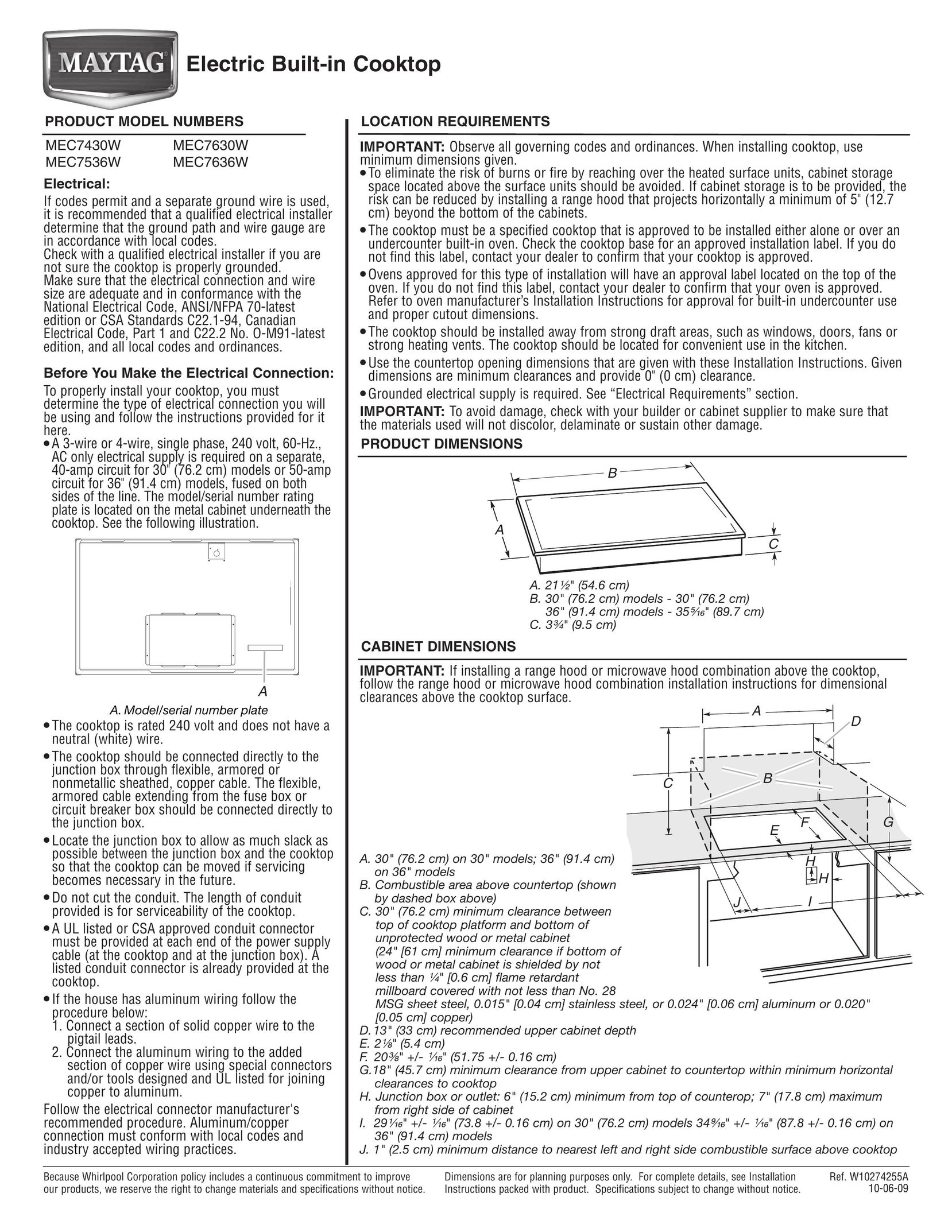 Maytag MEC7636W Cooktop User Manual