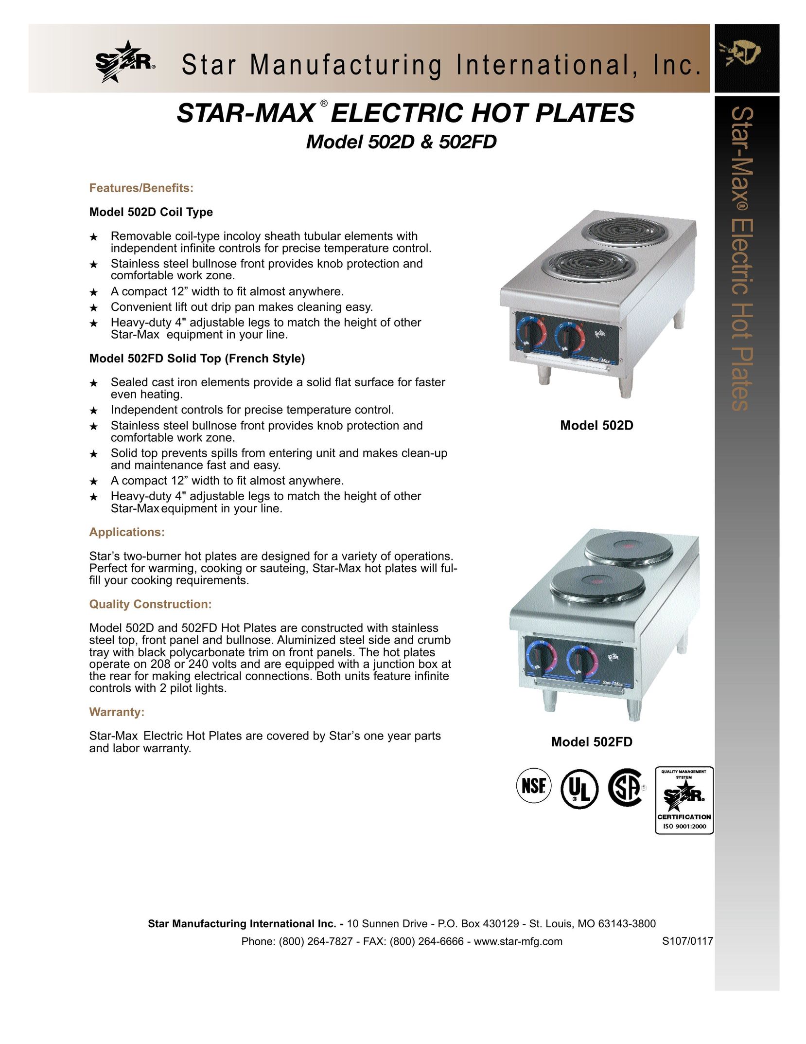 Star Manufacturing 502FD Cooktop User Manual