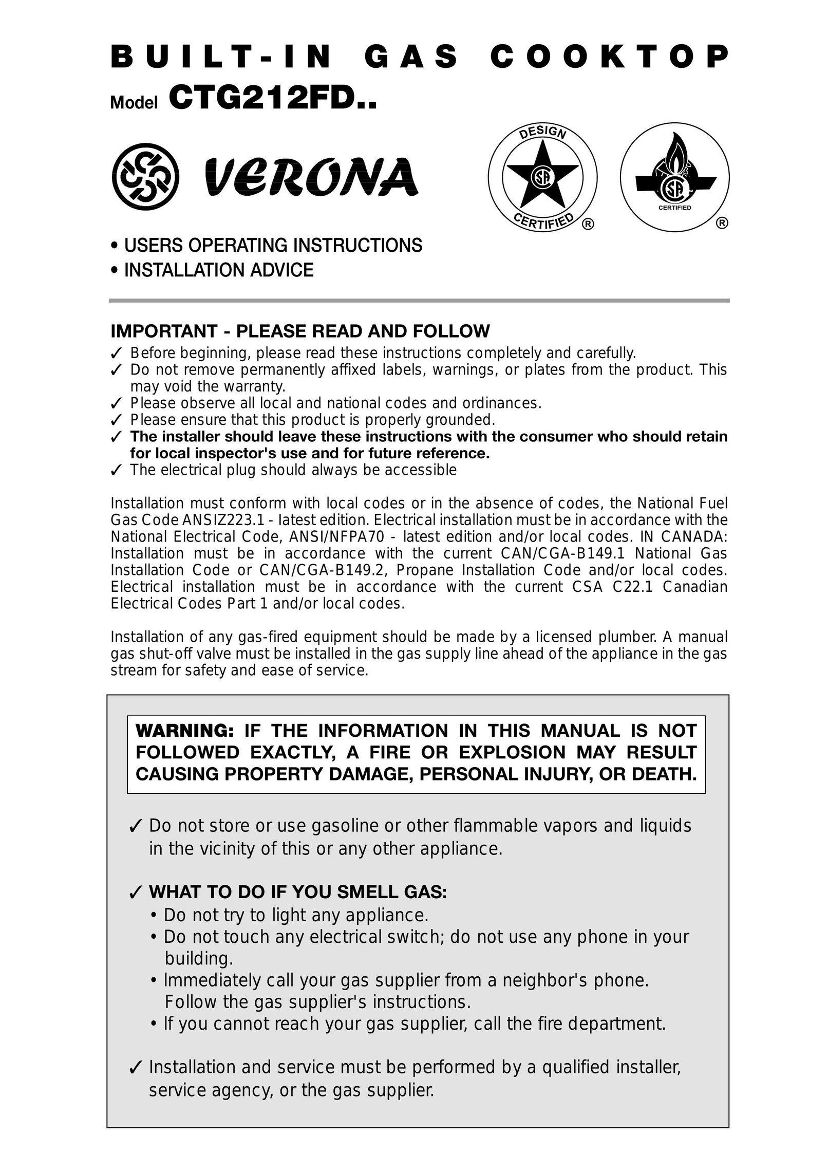 Verona CTG212FD Cooktop User Manual