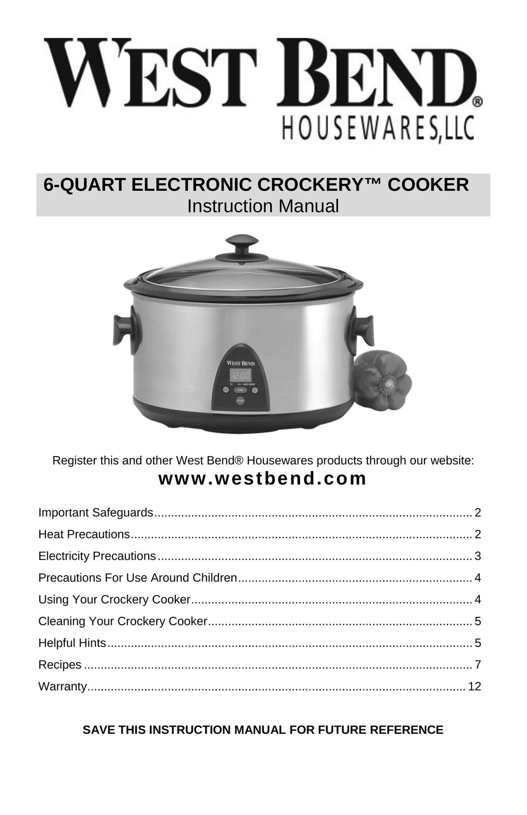 West Bend 6-QUART ELECTRONIC CROCKERYTM COOKER Cooktop User Manual